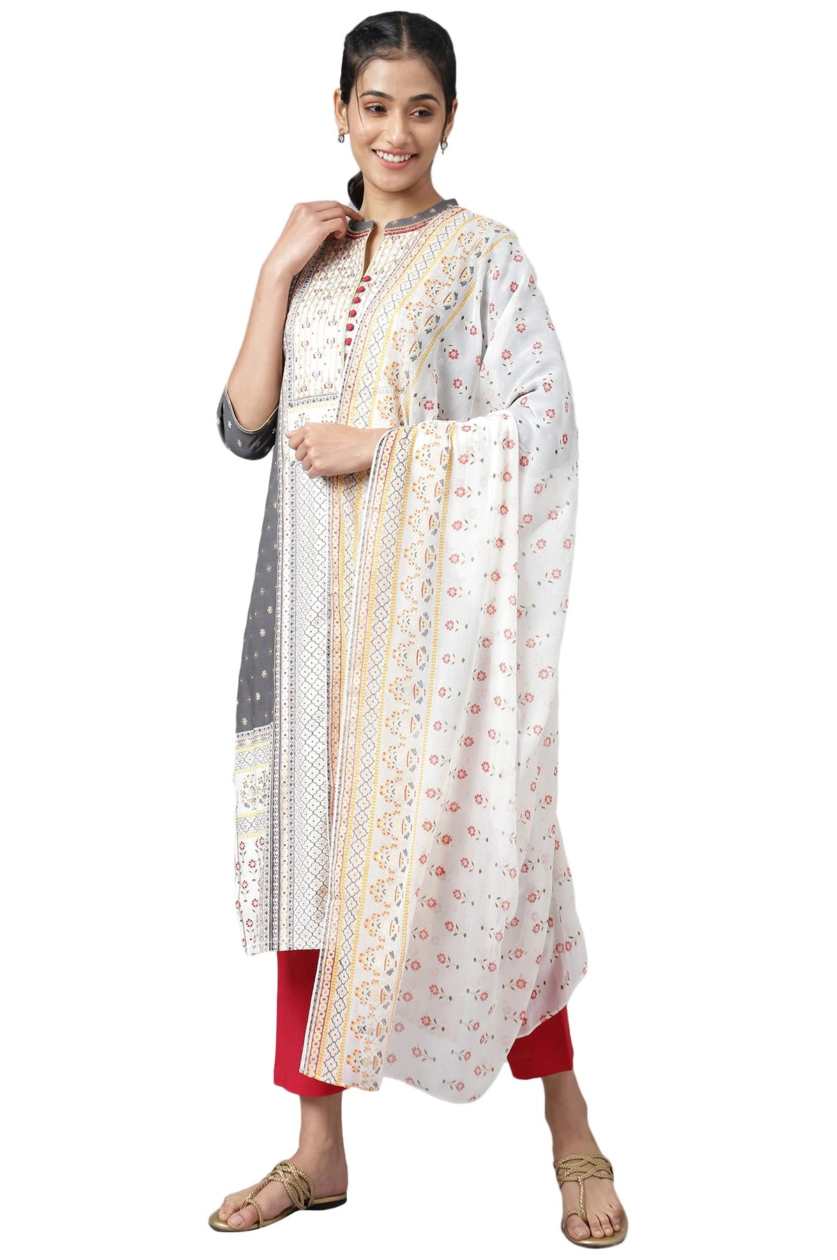Aurelia Steel Grey Floral Printed Foil Beaded Kurta Dupatta Bottomwear
