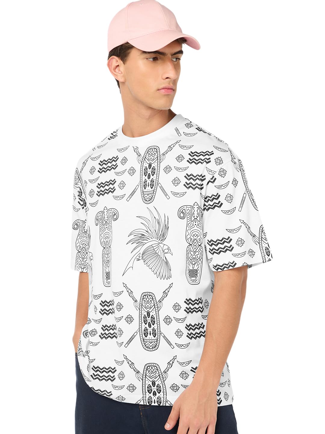 Bewakoof Heavy Duty 1.0 Mens All Over Printed Oversized Fit Half Sleeve Round Neck Cotton T-Shirt_685354_White_S