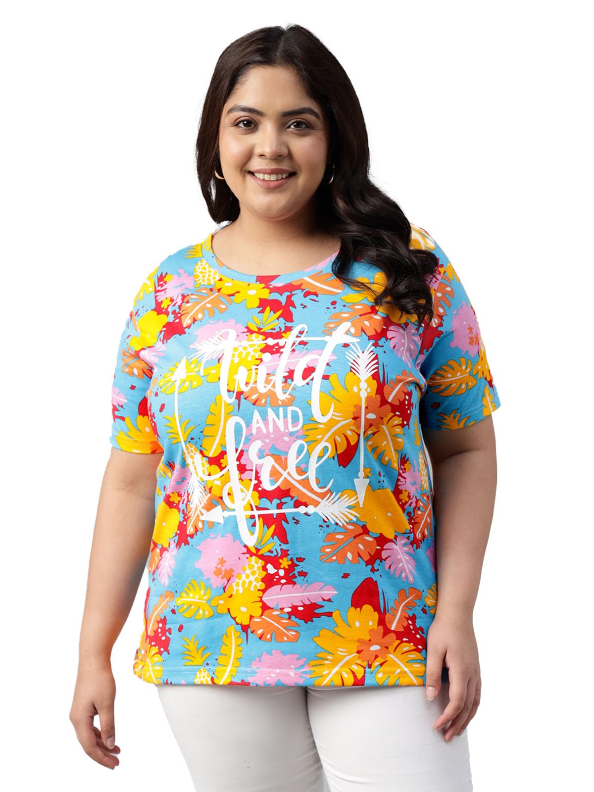 Juneberry 100% Pure Cotton Regular Fit Latest & Trendy All Over Prints Half Sleeve Plus Size T-Shirt For Women & Girls (Jb_Ps_54