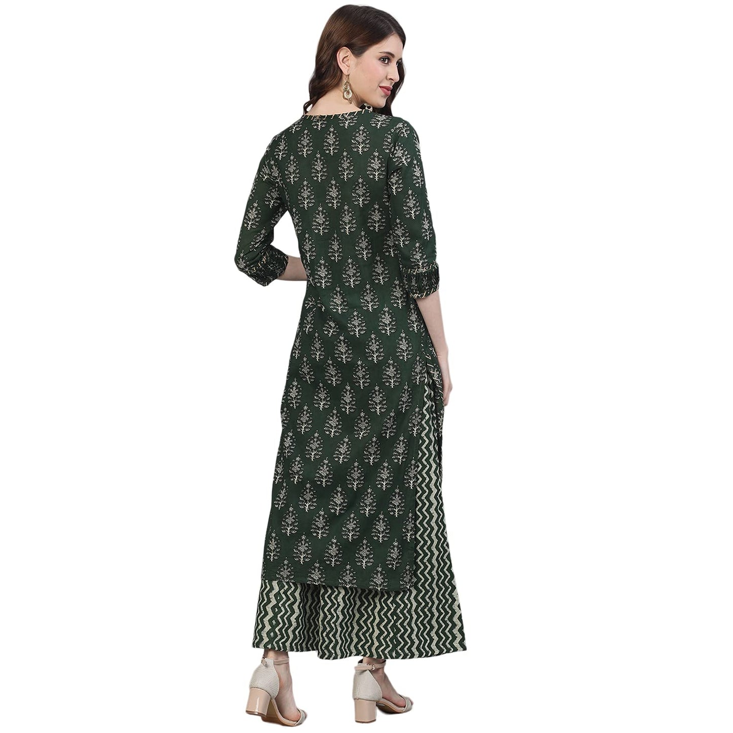 ishin Women's Pure Cotton A-Line Printed Gotta Patti Colourblocked print Green Kurta suit set with Palazzo