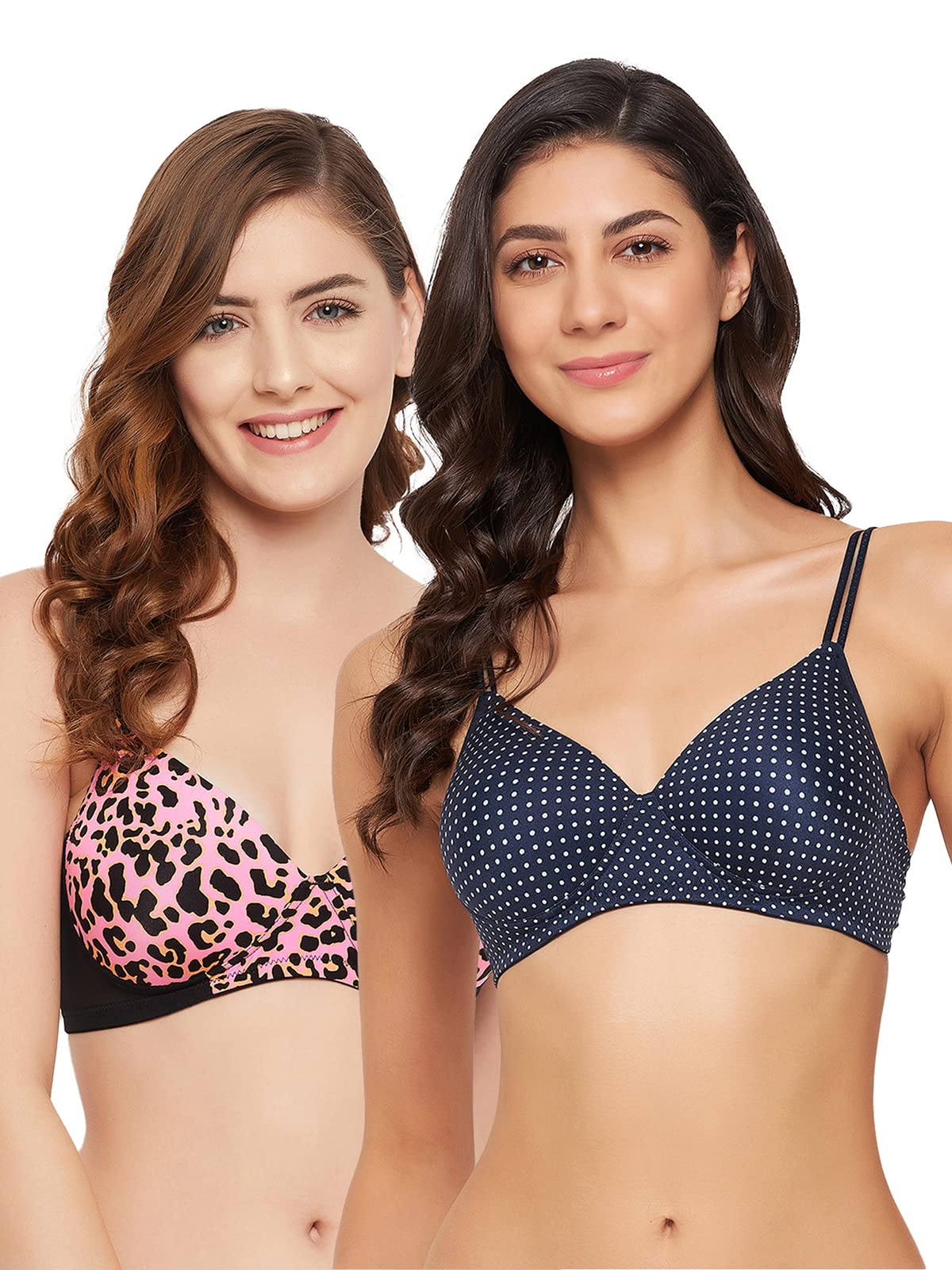 Clovia Womens Pack of 2 Padded Non-Wired Full Cup Printed T-Shirt Bra (COMBR1101_Navy Blue & Pink_38B)