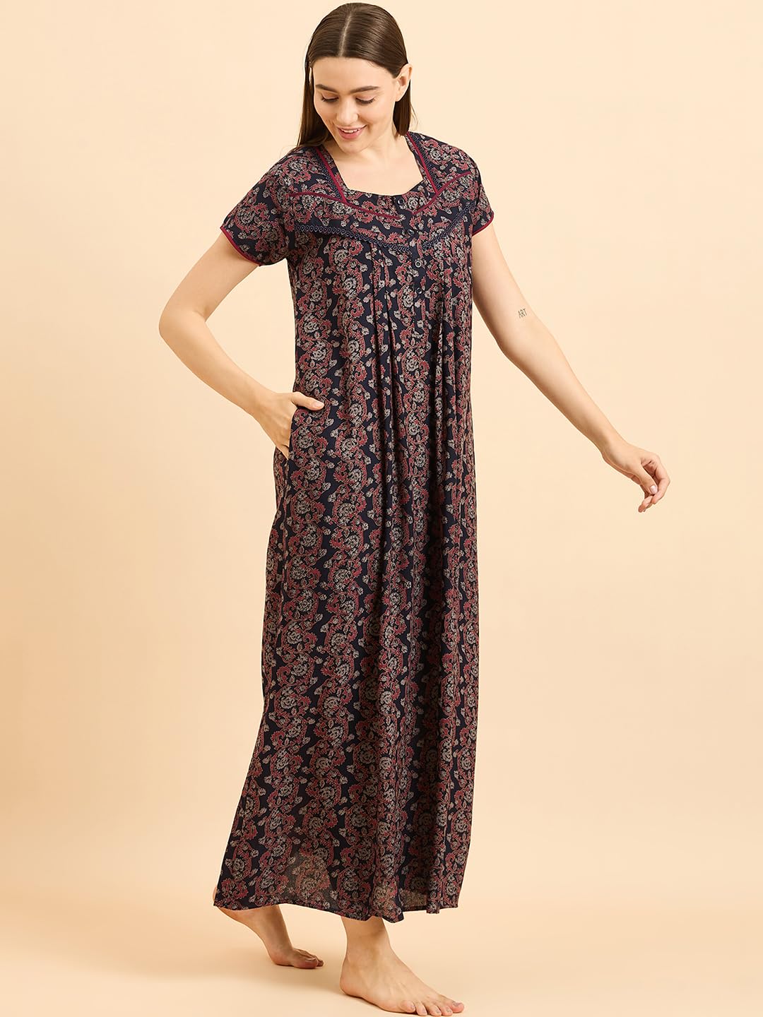 Sweet Dreams Women Printed Night Dress Navy Blue