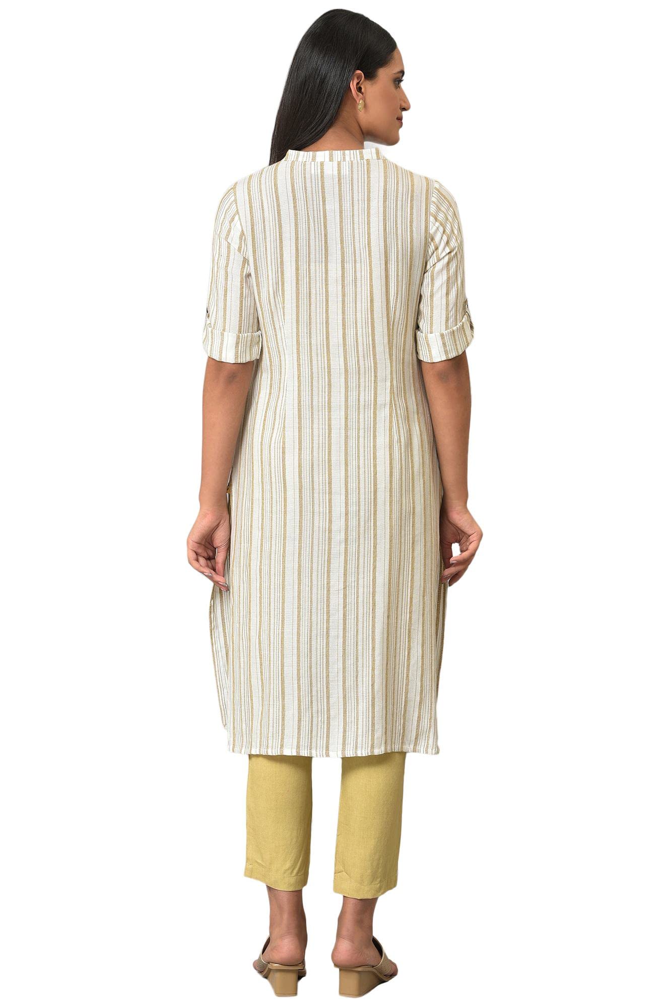Aurelia Rayon Women Stripe Printed Kurta in Mandarin Collar