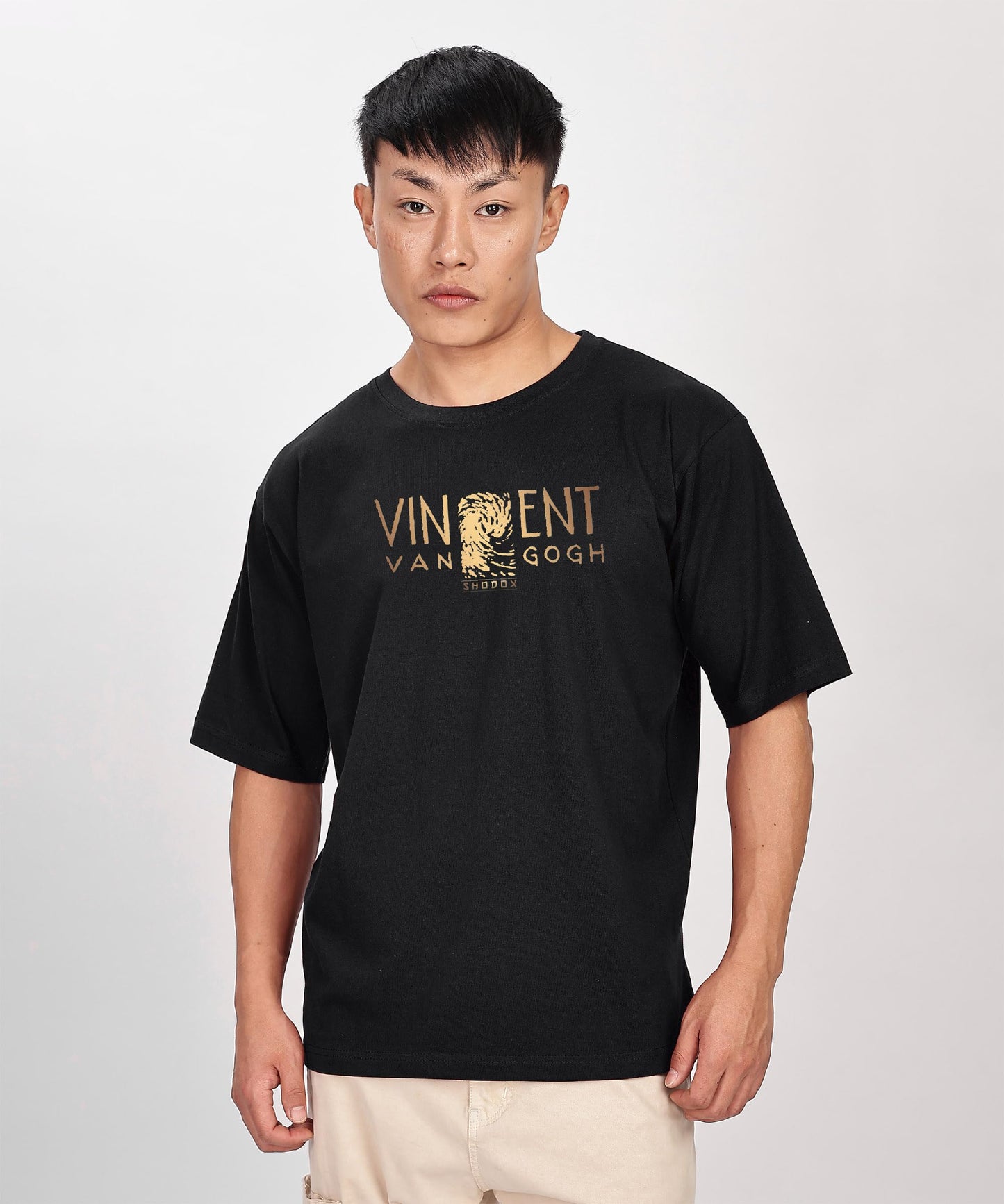 SHODOX Mens 100% Pure Cotton Relaxed Fit Drop Shoulder Premium Front & Back Printed Oversized T-Shirt (Pack of 1) Black