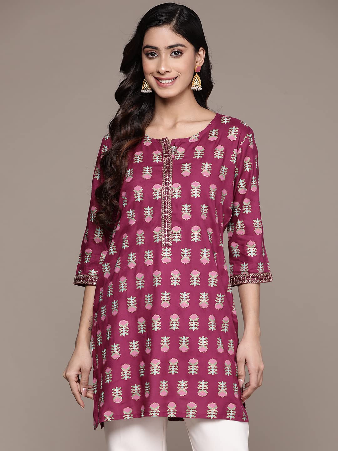anubhutee Women's Viscose Rayon Magenta Zari Floral Printed Straight Kurti