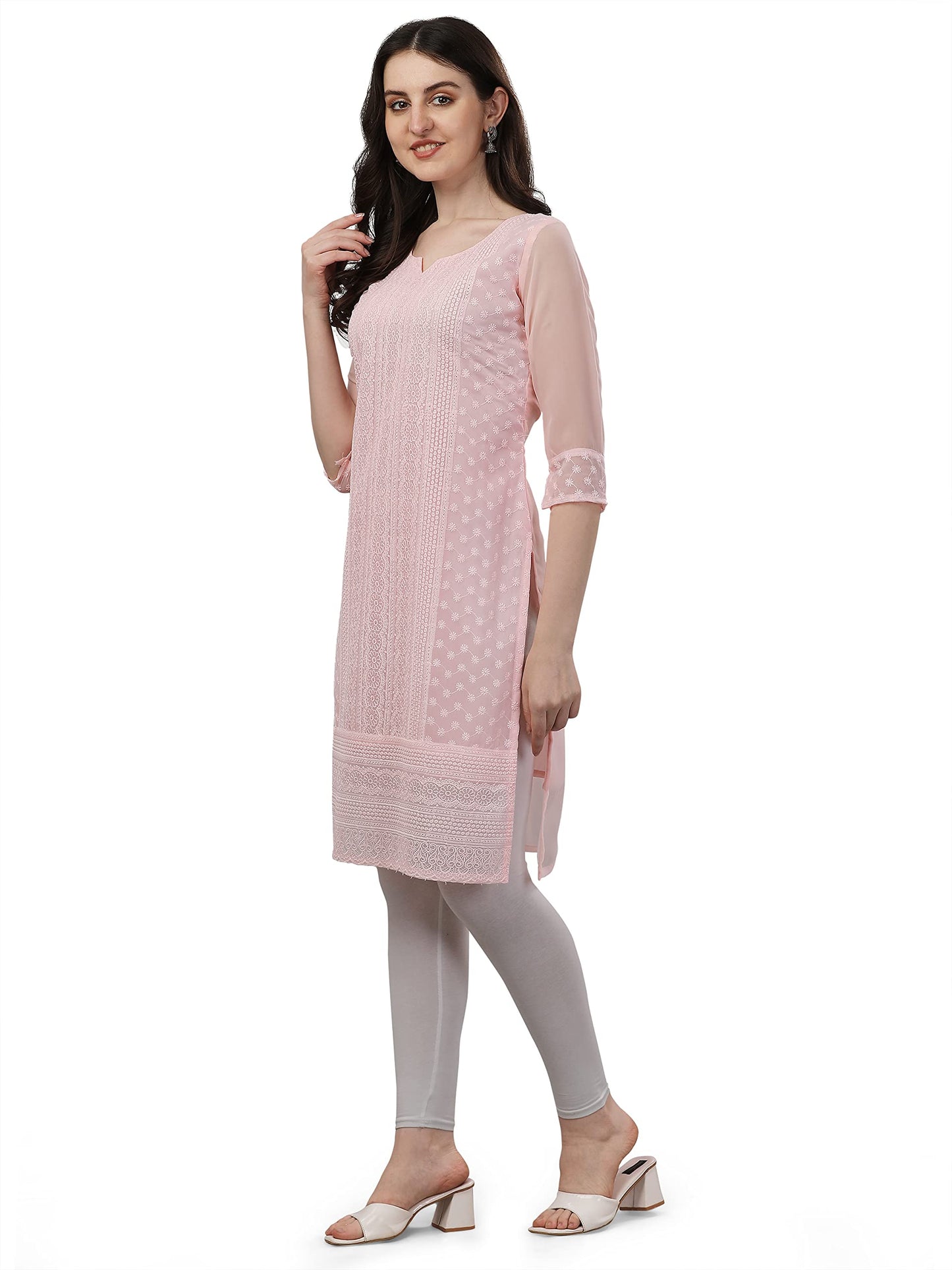Fashion2Wear WomenS Georgette Chikankari Embroidered Notched Neck 3/4 Sleeve Knee Length Straight Kurta For Girls (Biba_Kurti_P