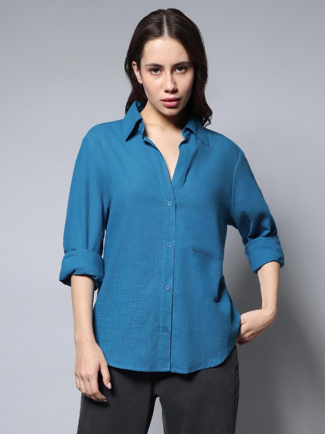 HIGH STAR Womens Oversized Fit Shirt (HSWSHW23509_BL_Blue