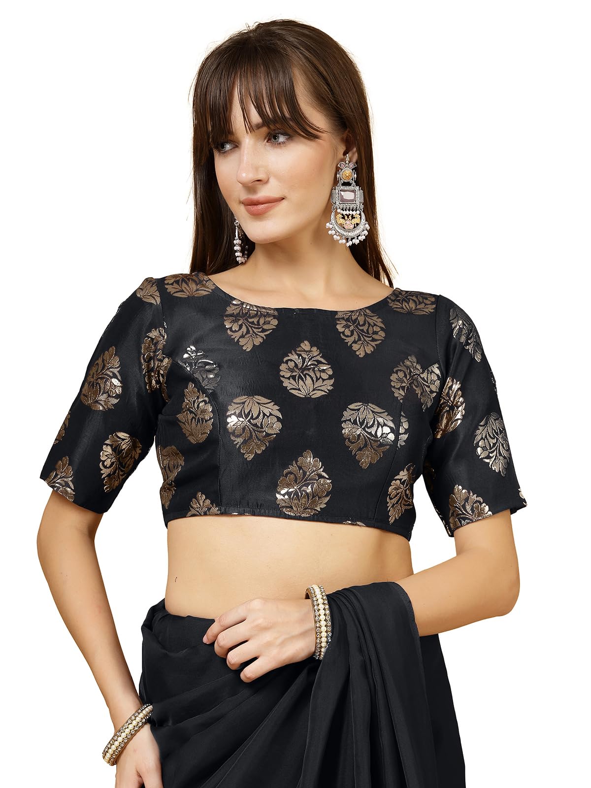 OOMPH! Womens Indian Ethnic Wear Designer Big Paisley Pattern Zari Work Boat Neck Half Sleeve Jet Black Color Brocade Readymade