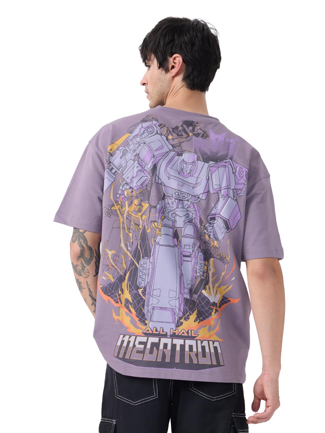 The Souled Store Official Transformers : Megatron Mens and Boys Oversize Fit Half Sleeves Cotton T-Shirt Purple