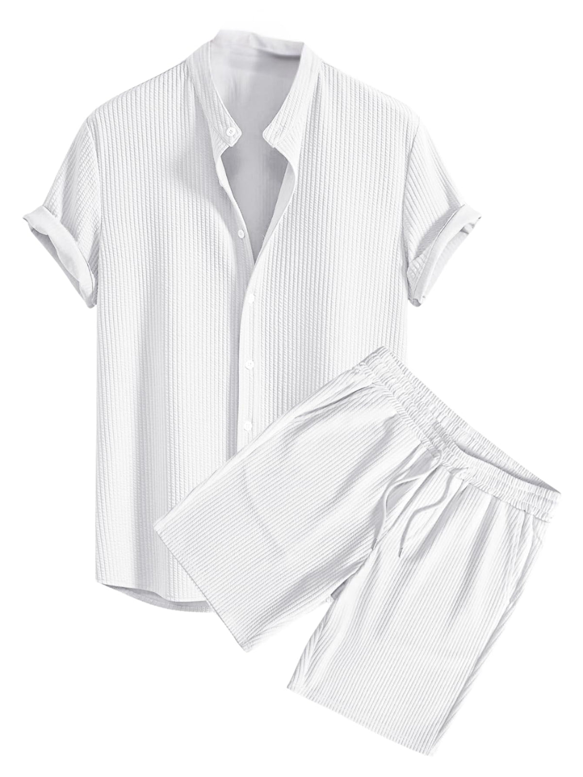 Greciilooks MenS Summer Casual Two Piece Outfit, Textured Button Down Shirt And Shorts Set White
