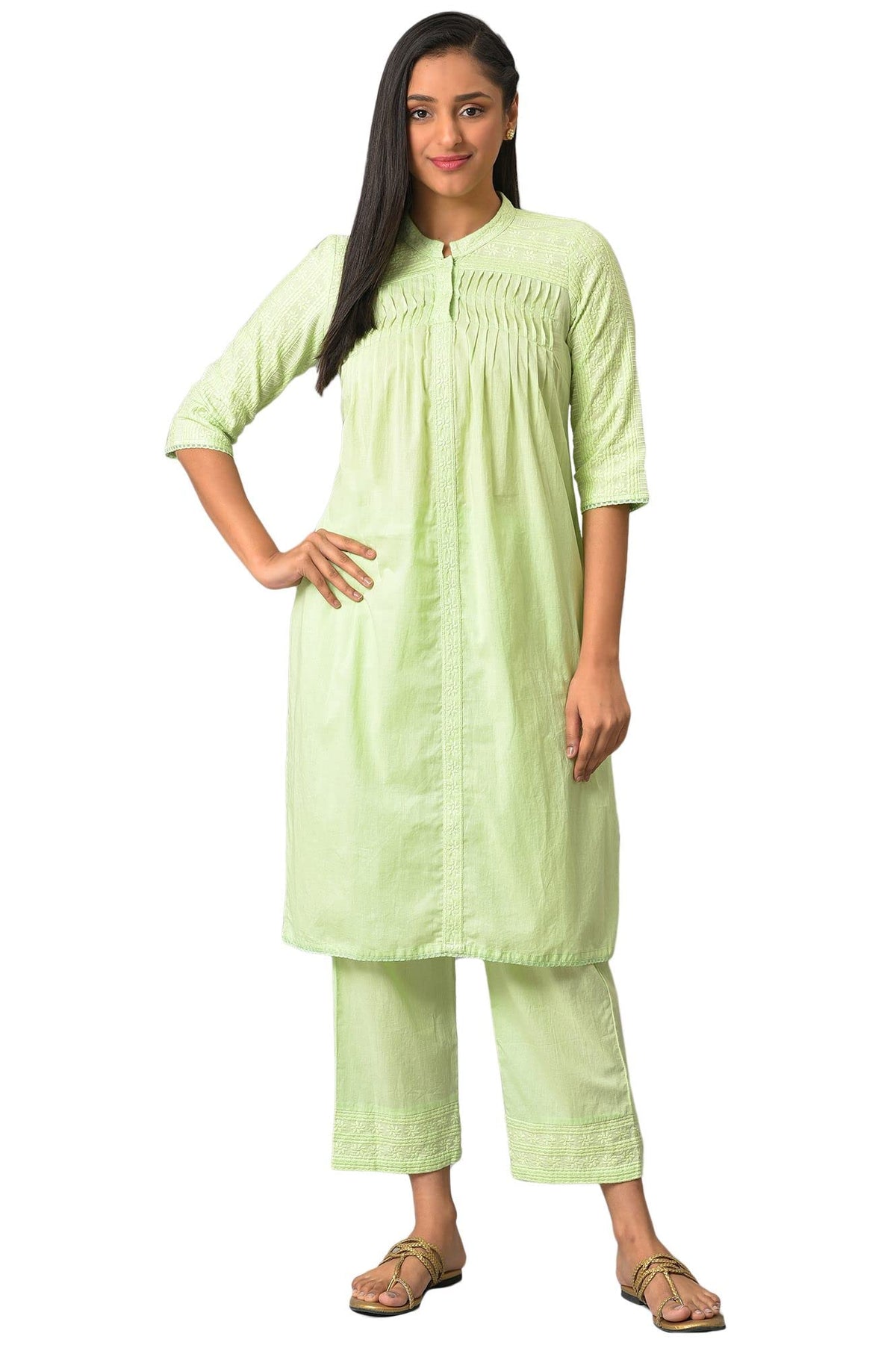 Aurelia Green Embroidered Cotton Kurta And Trousers Set For Women