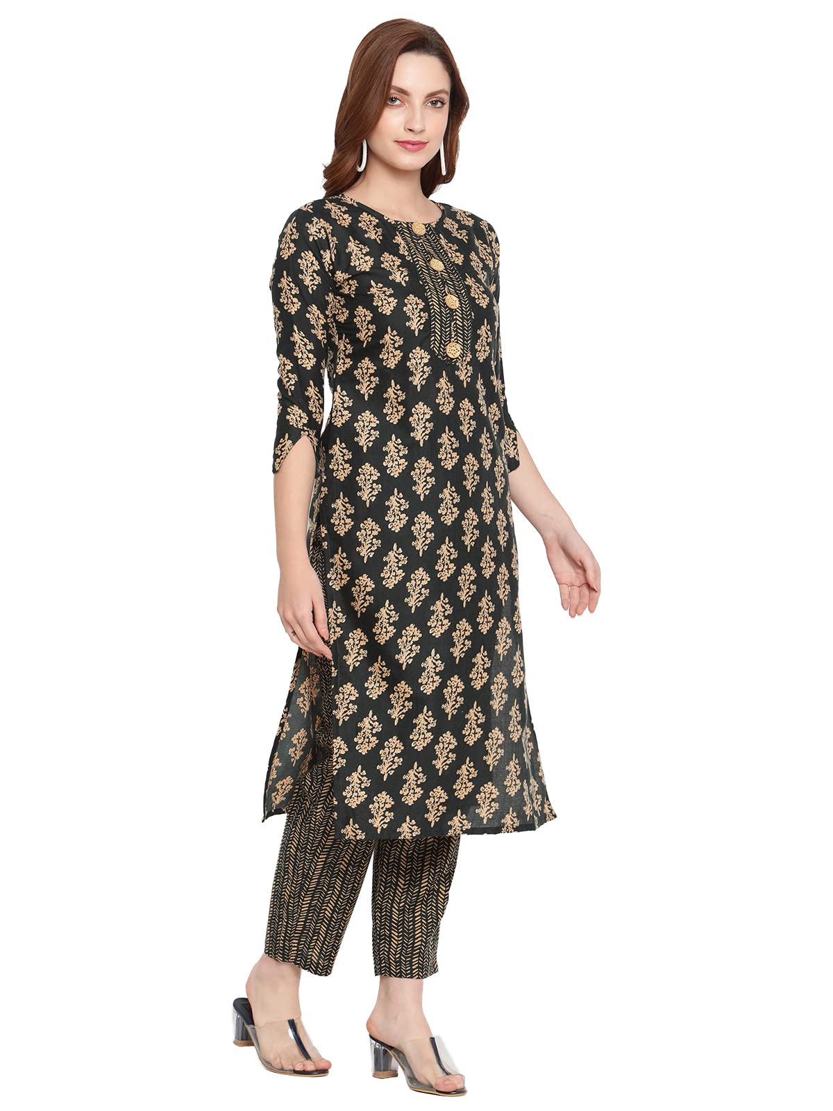 Shasmi Women'S Bottle Green Cotton Straight Kurta With Checkered Trouser (Kurta 26 Bottle Green Xl)
