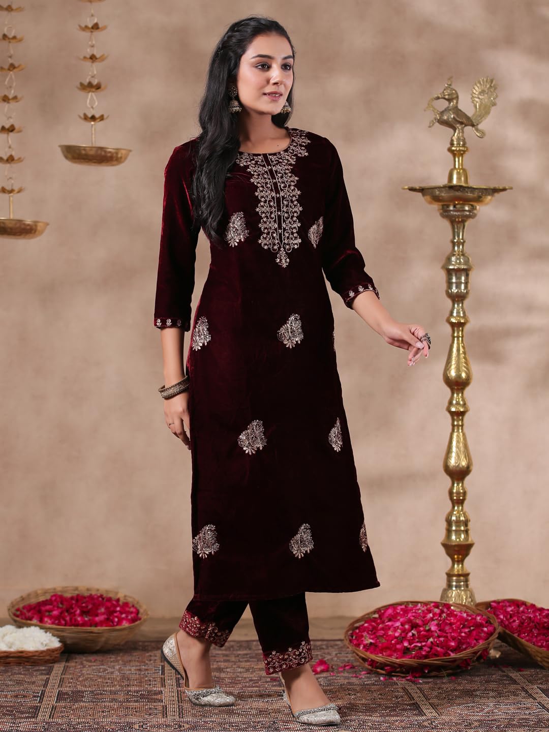 Ishin WomenS Velvet Ethnic Motifs Zari Maroon Straight Kurta Suit Set With Trousers & Dupatta