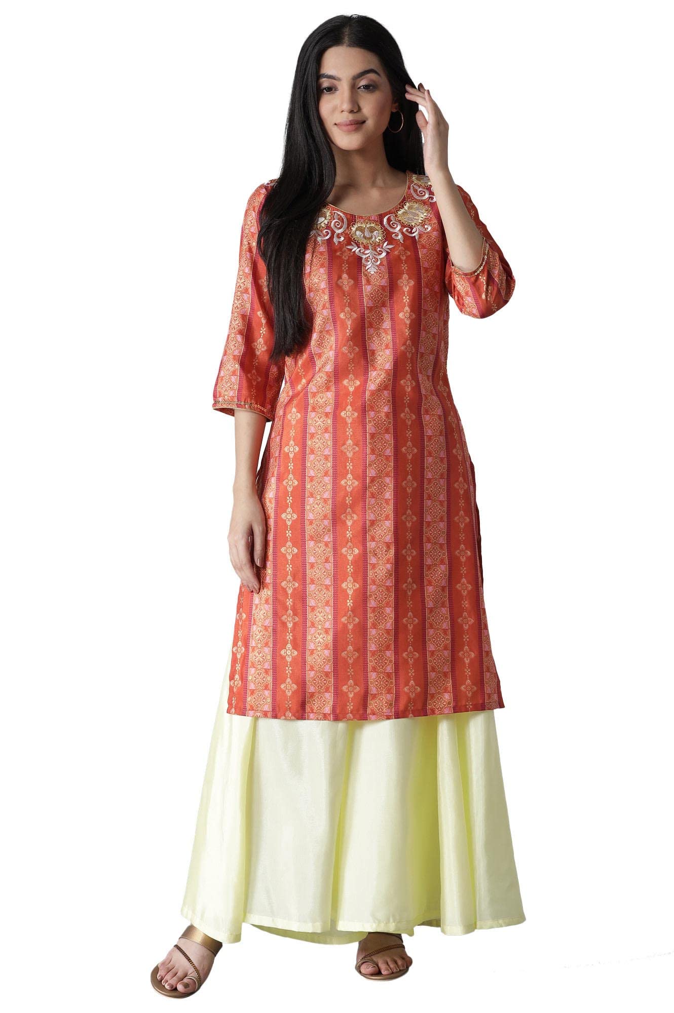 Aurelia Orange Foil Print Kurta-Palazzos Set