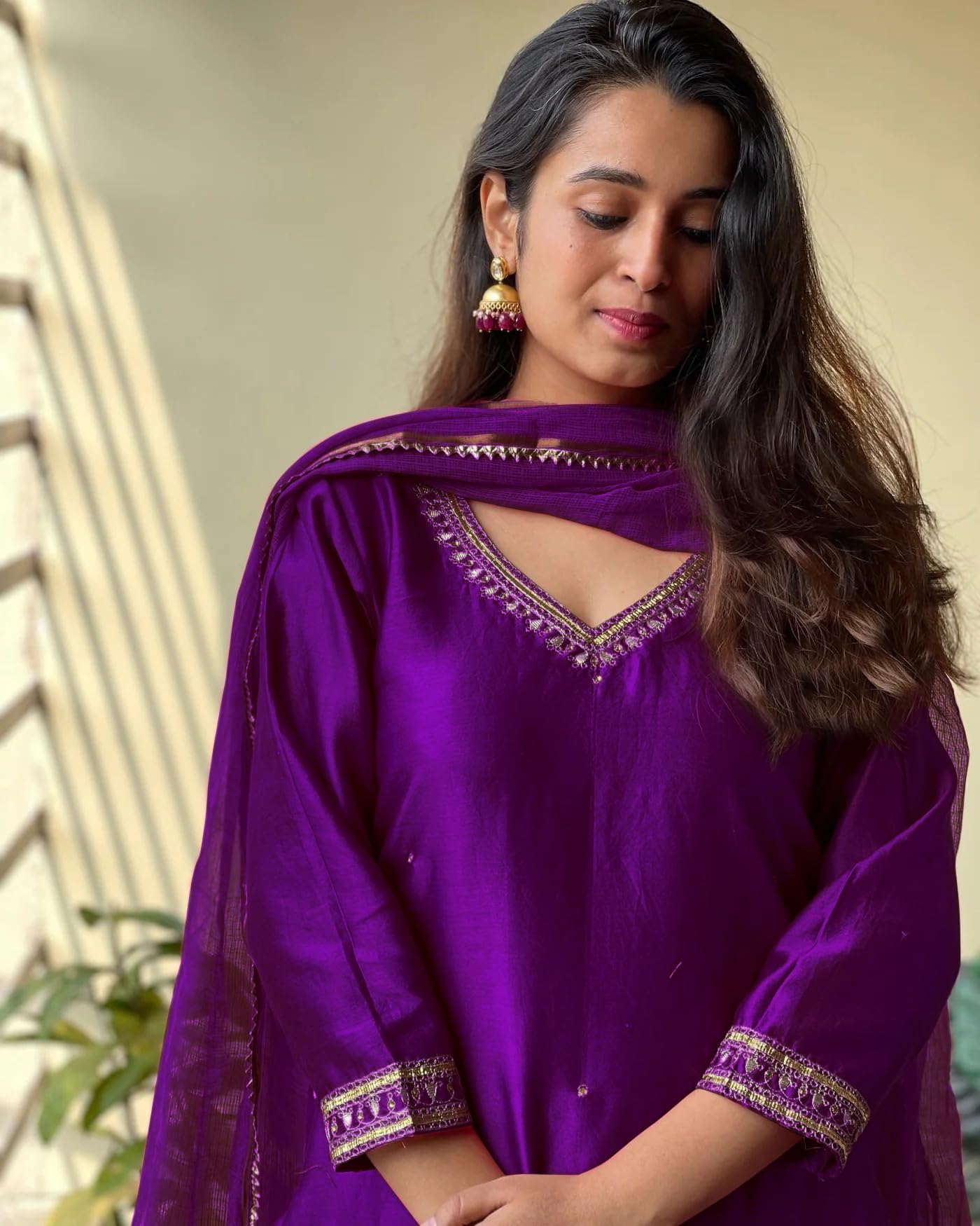 ANNI DESIGNER Women's Kurta Pant Set with Dupatta, Cotton Blend, Small, Begani, Model: BAGICHA Begani-NW-2631