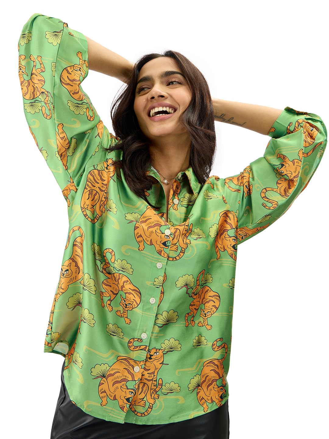 The Souled Store Folk Tiger Women and Girls Long Sleeve Collared Neck Button Down All Over Print Polyester Shirts Green