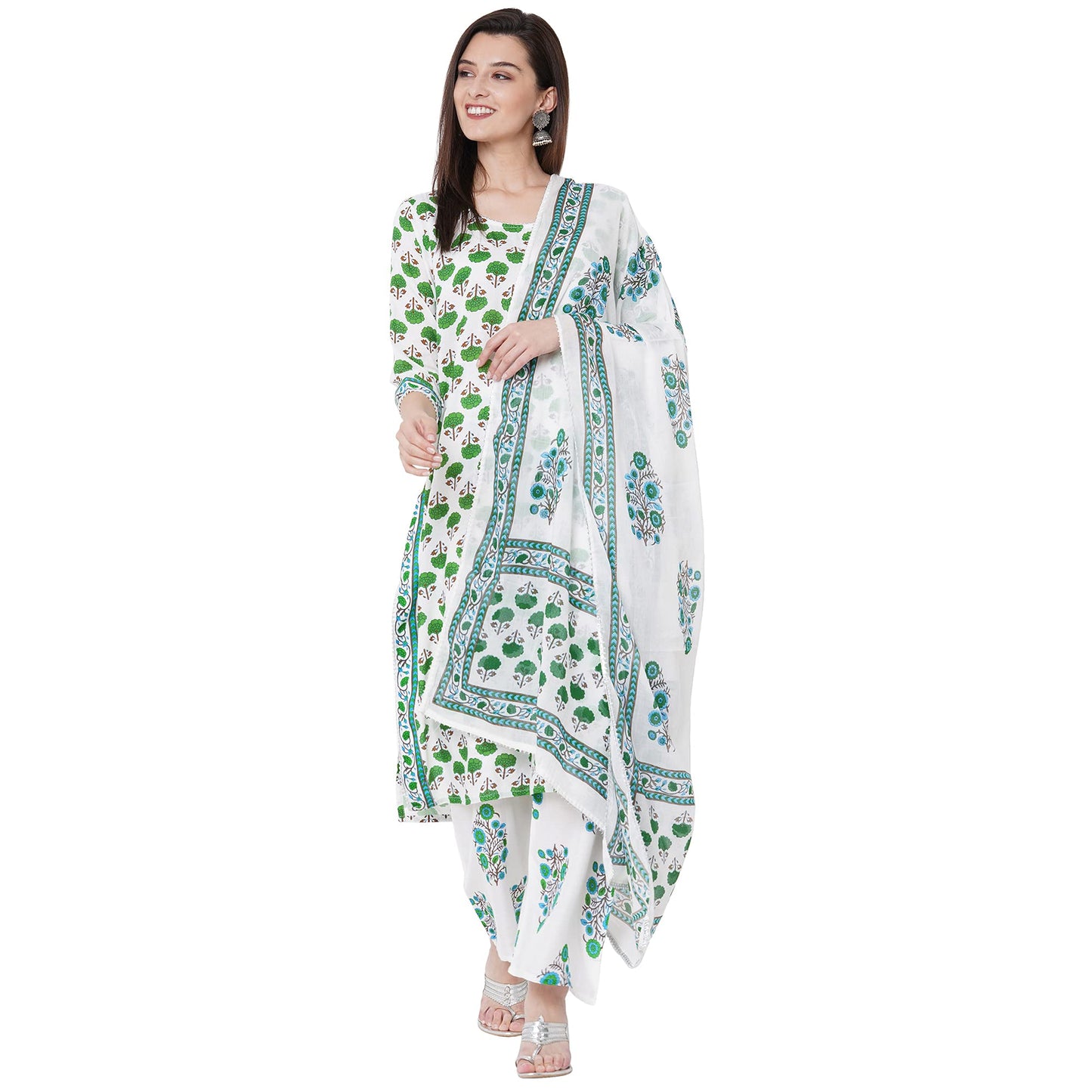 Anni Designer WomenS Pure Cotton Floral Printed Kurta,Palazzos And Dupatta (Jaipuri Green Stly_Xl_Green_X-Large)