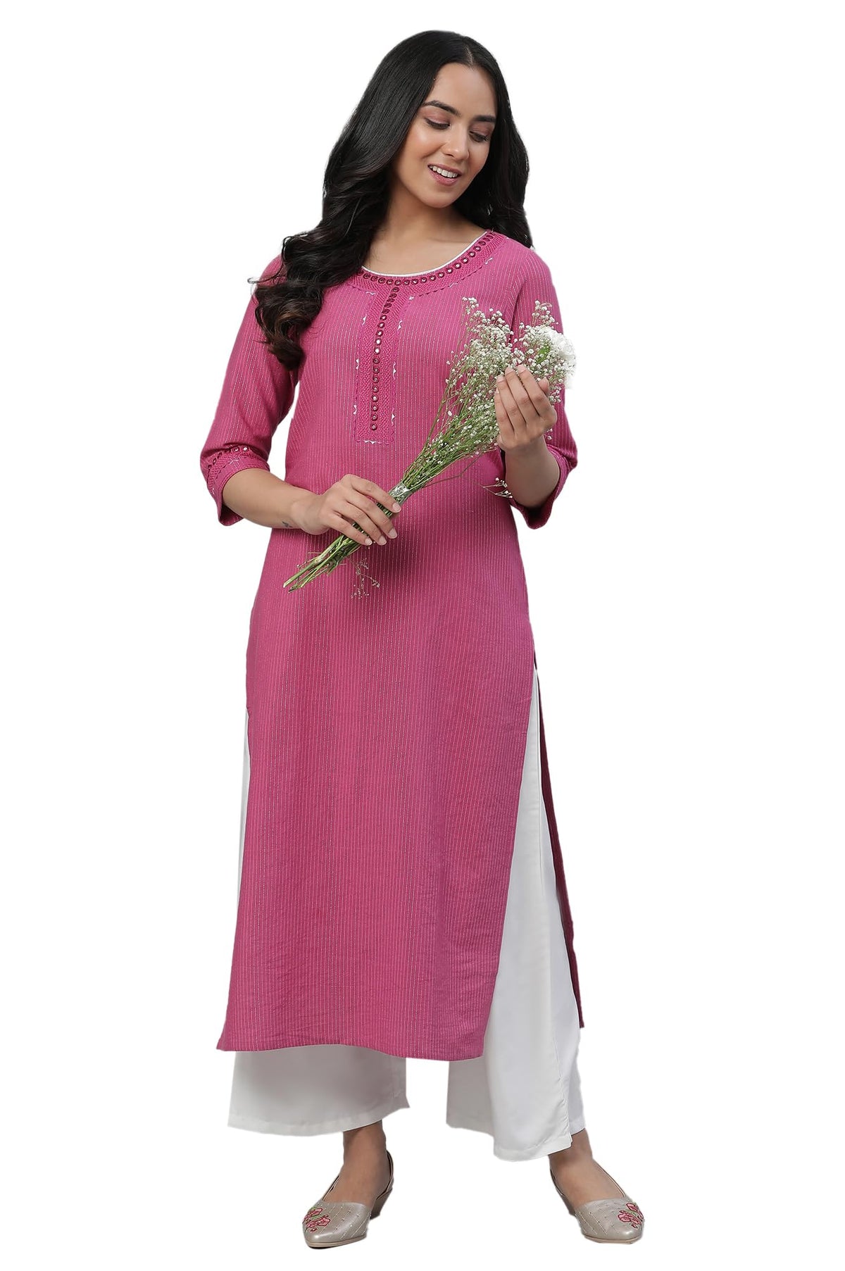 Aurelia Pink Striped Cotton Embroidered Regular Kurta