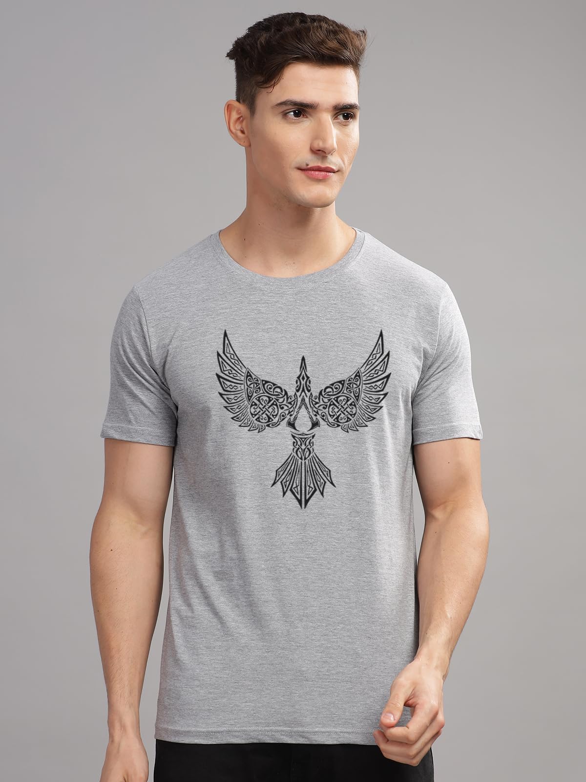 ADRO Mens Solid Regular Fit T-Shirt (RN24-BIRD-GR_Grey