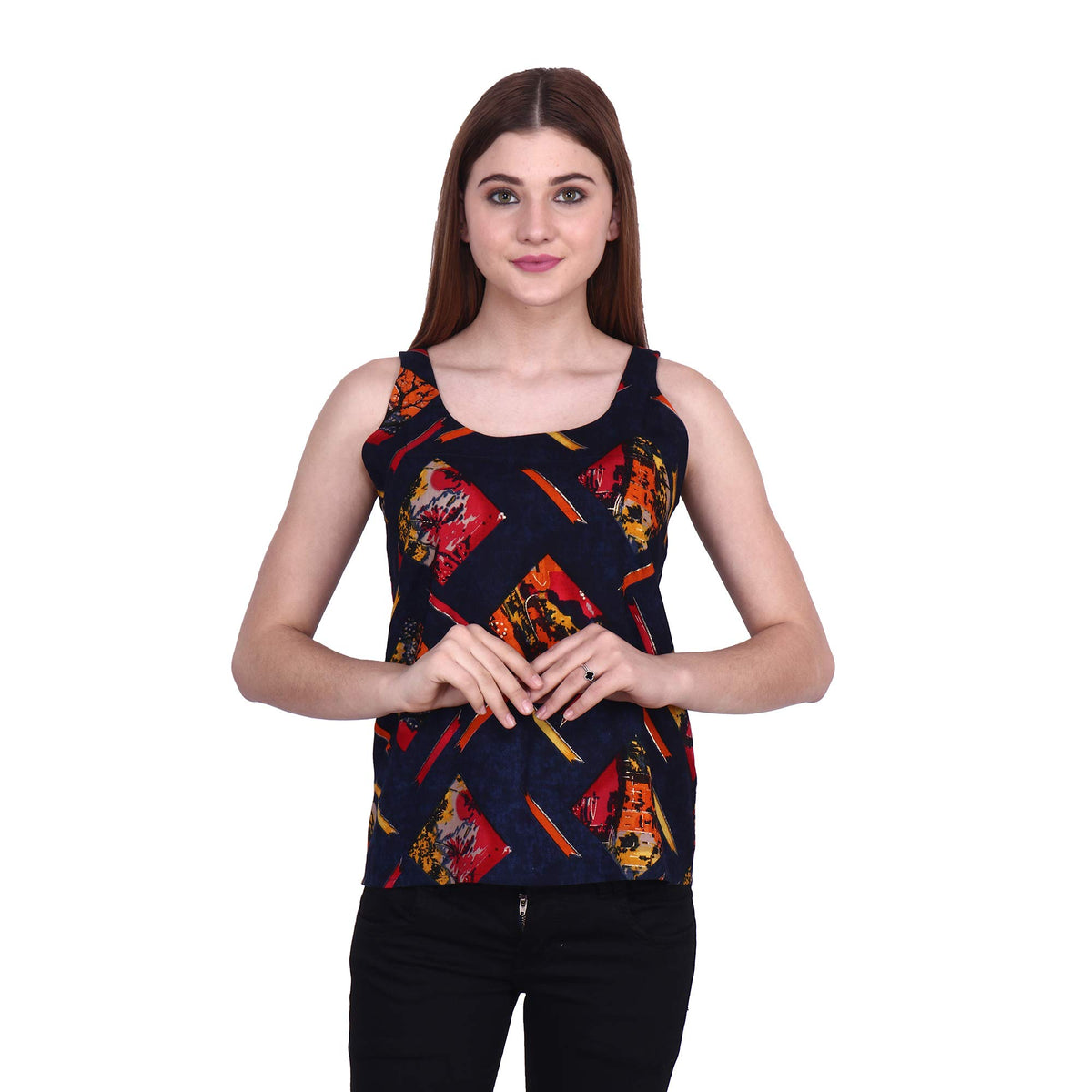 POPWINGS Casual Sleeveless Round Neck Foil/Graphic Print Regular Top for Women, Blue/Multicolor