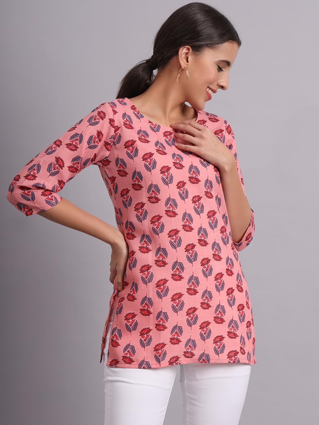 Patlani WomenS Cotton Printed Short Fullstitched Kurti/Kurtas. Pink