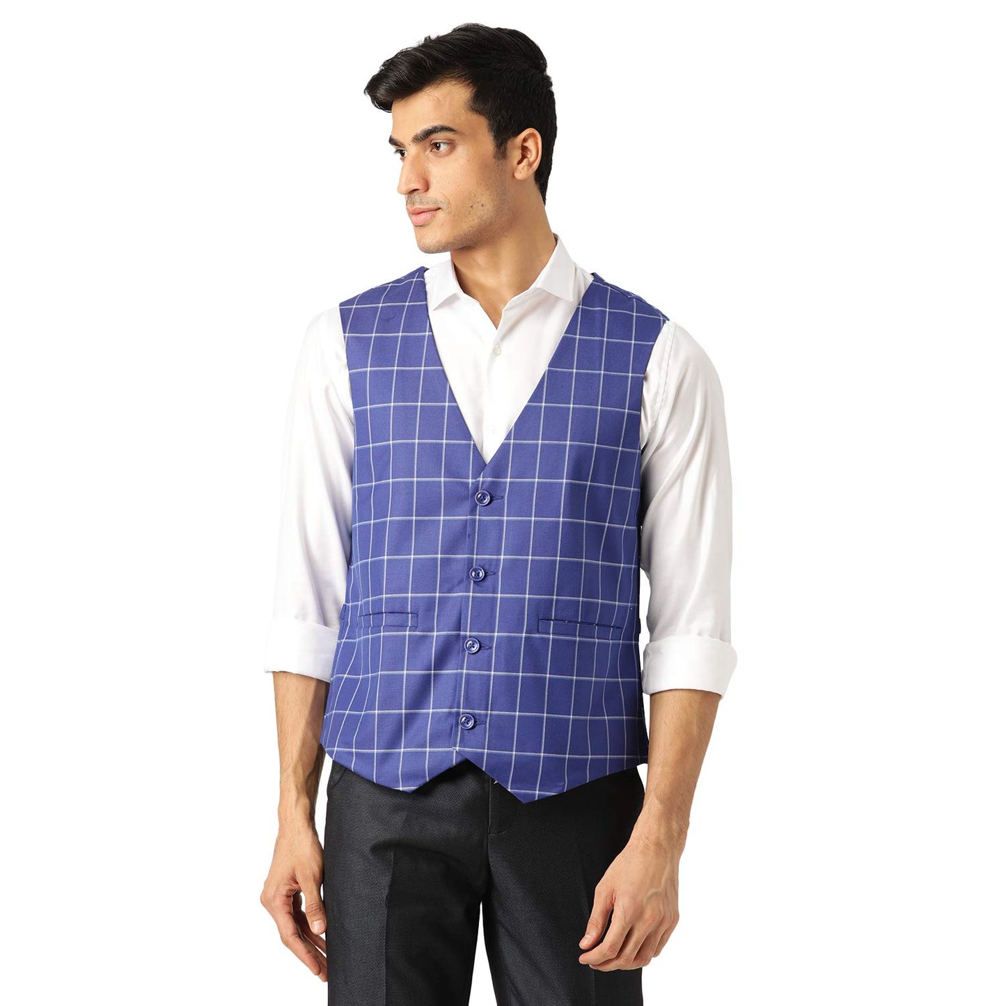 SOJANYA (Since 1958, Mens Cotton Blend RoyalBlue & OffWhite Checked WaistCoat, Size: 42