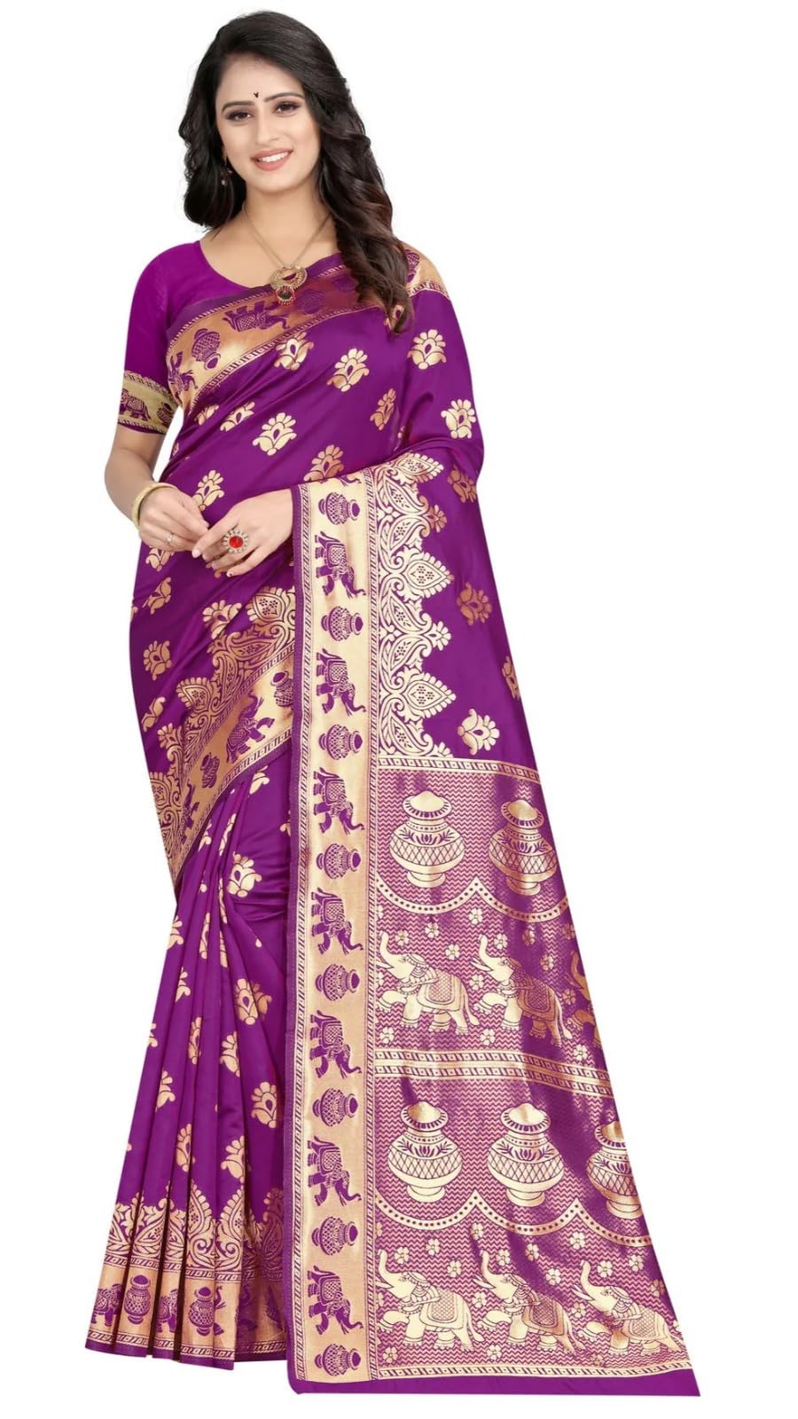Yashika Womens Purple Banarasi Kanjivaram Cotton Silk Saree With Unstitched Blouse Material and Kalamkari | Saree for Women (AZ