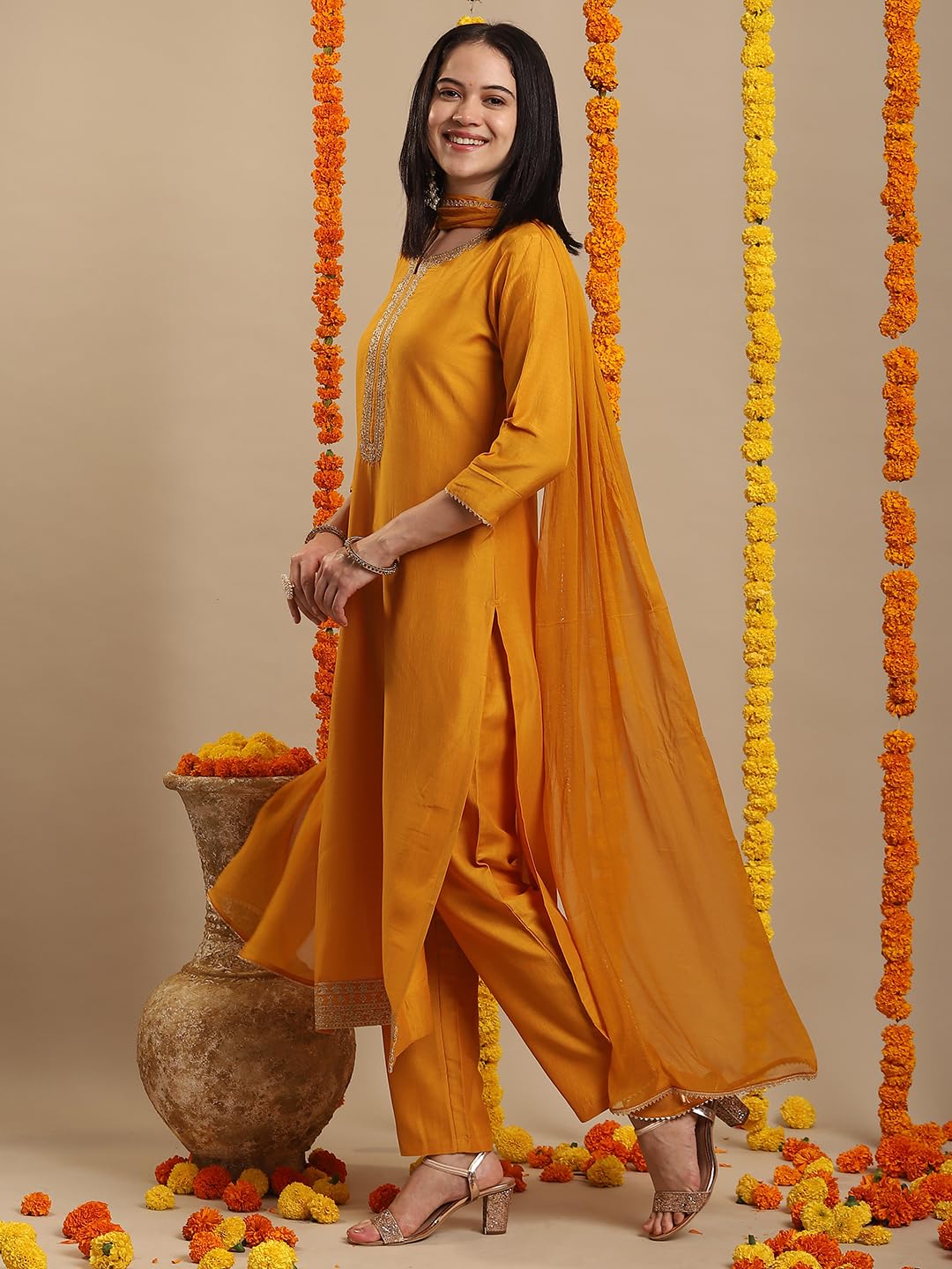 ANNI DESIGNER Women's Straight Kurta with Pants & Dupatta, Rayon Blend, Large, Yellow, Model LIKHA YELLOW