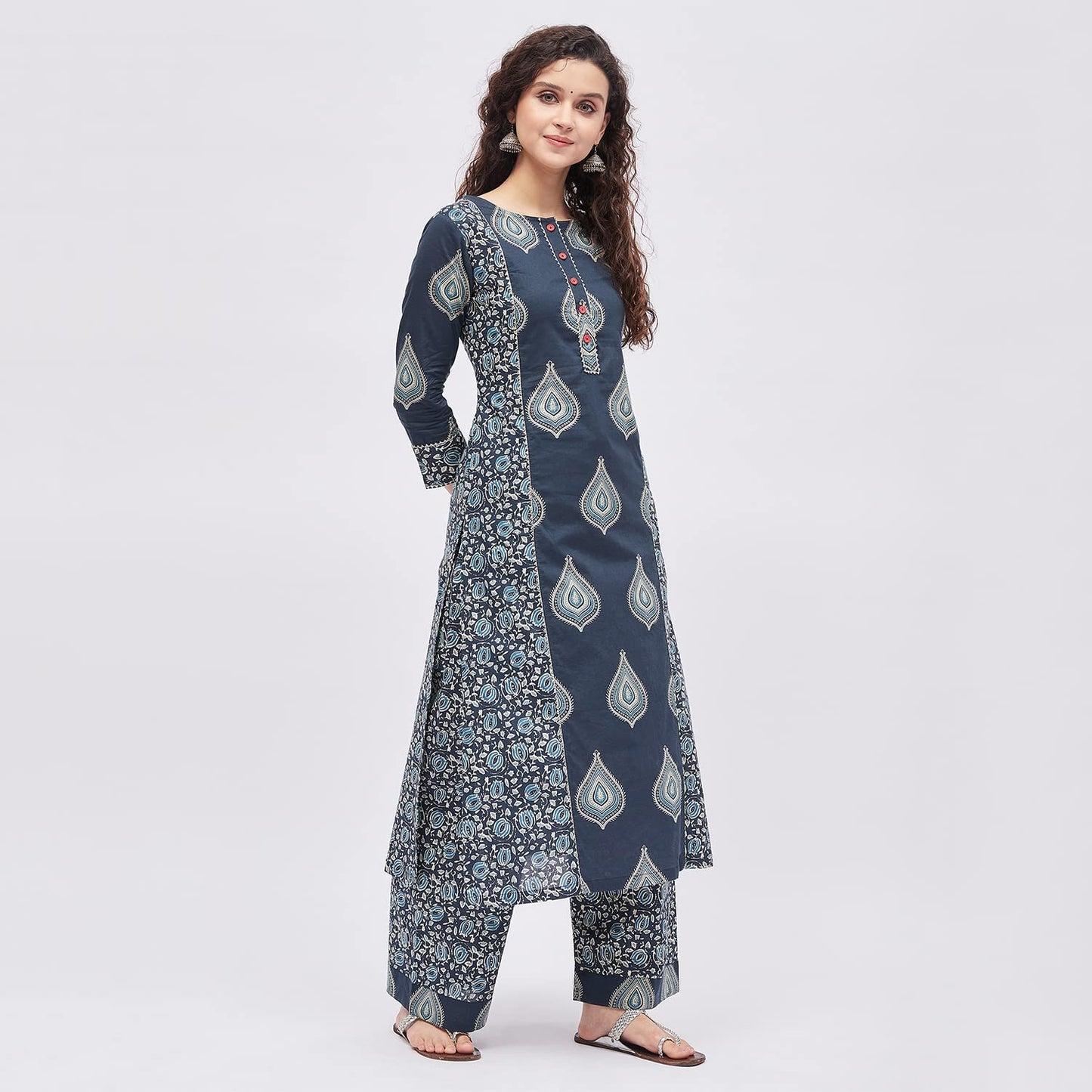 Tissu Women's Cotton Blue & Sea Green Printed Kurta with Palazzo