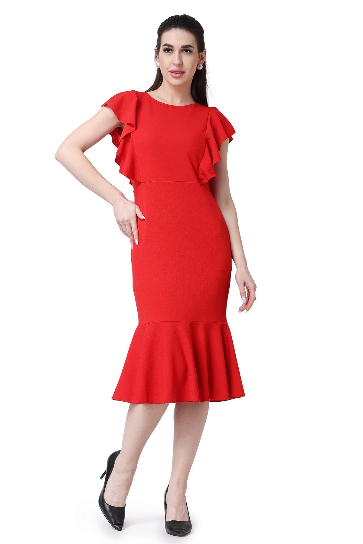 Popwings Casual Solid Ruffle Shoulder Bodycon Dress For Women || Summer Dress For Women || Fit And Flare Dress For Women || Roun