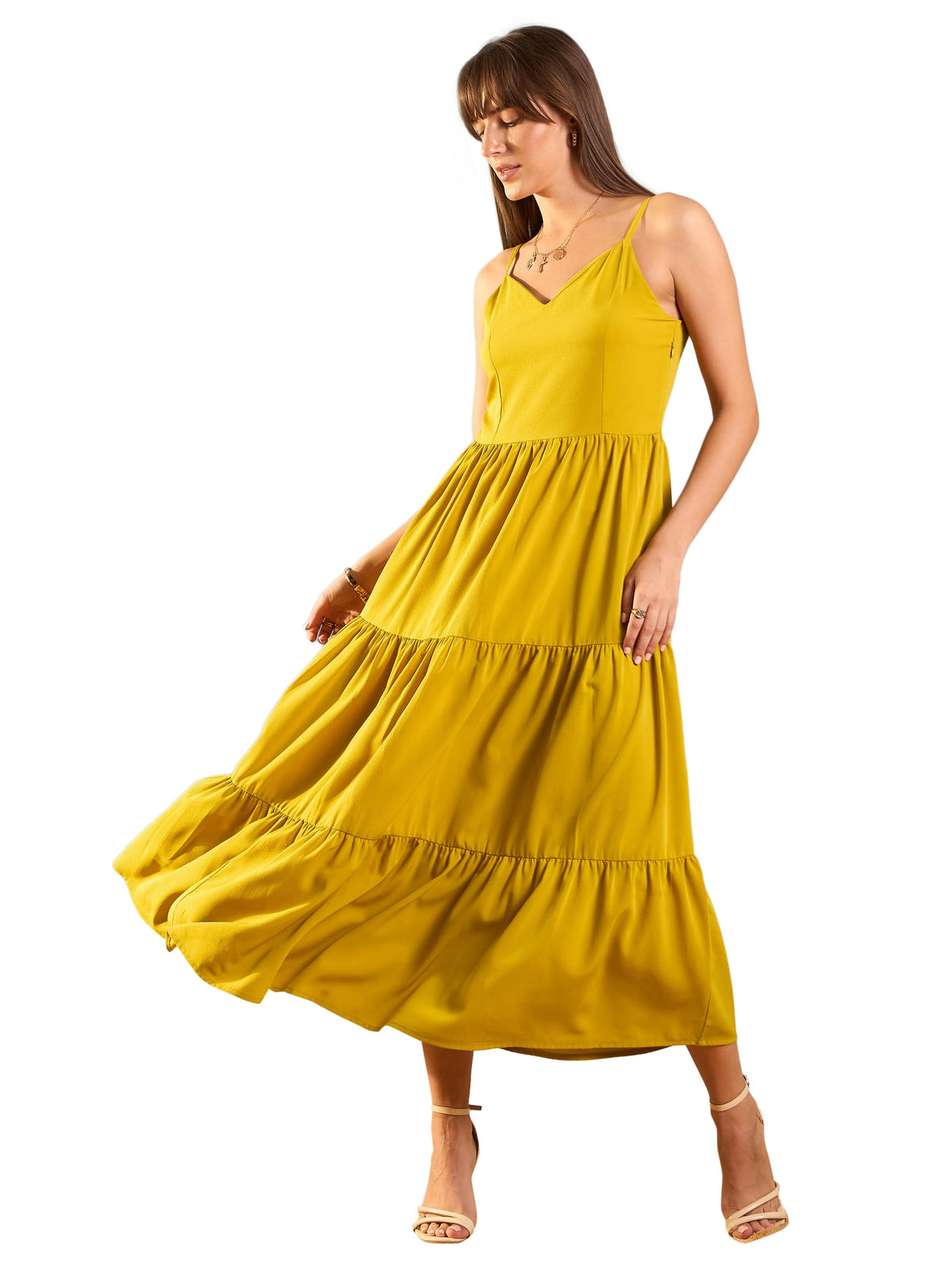 Rare WomenS Polyester Fit And Flare Maxi Dress (Ep8142A_Mustard
