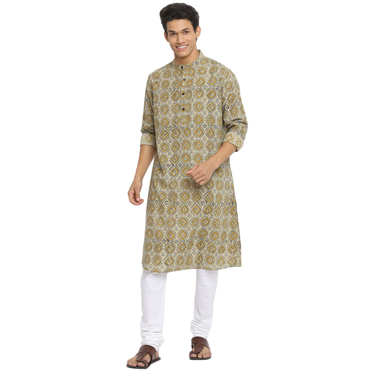 Fabindia Men Collar Cotton Printed Long Kurta Chinese_M Multicolour