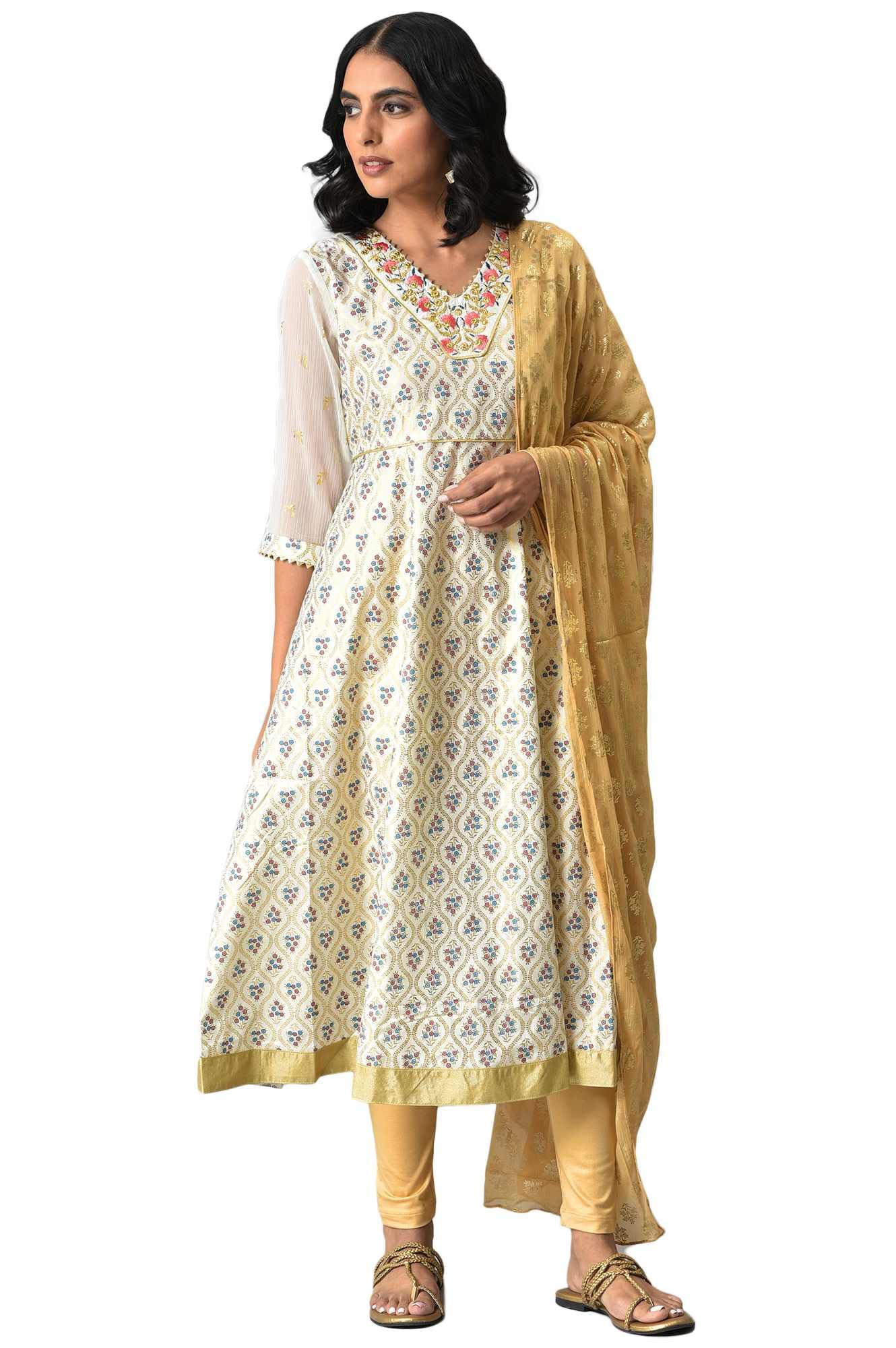Aurelia Women Polyester White Zari Embroidered Kurta Set With Golden Tights And Printed Dupatta_22Aud10484-504050, Medium