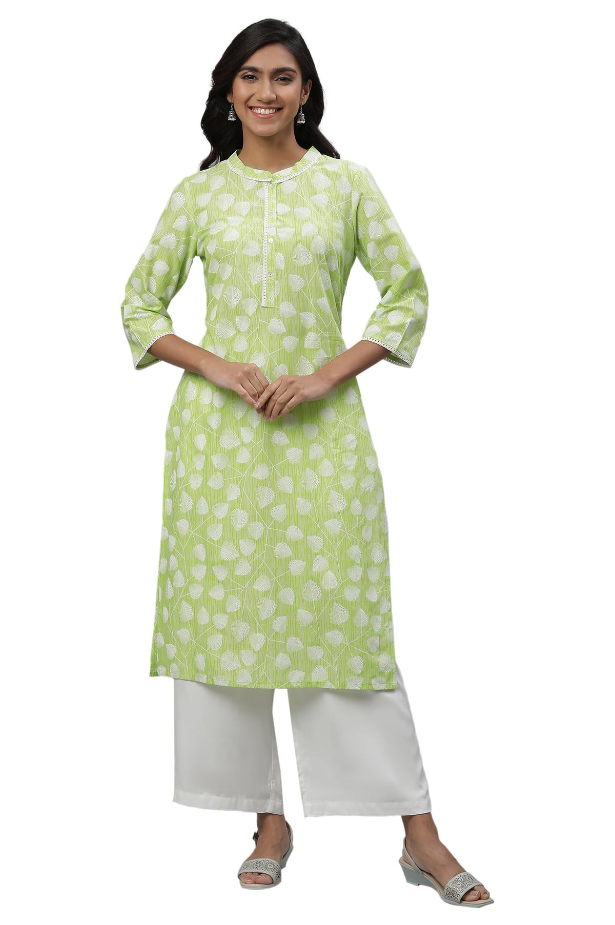 Aurelia Green Floral Printed Printed Lace Cotton Straight Long Kurta
