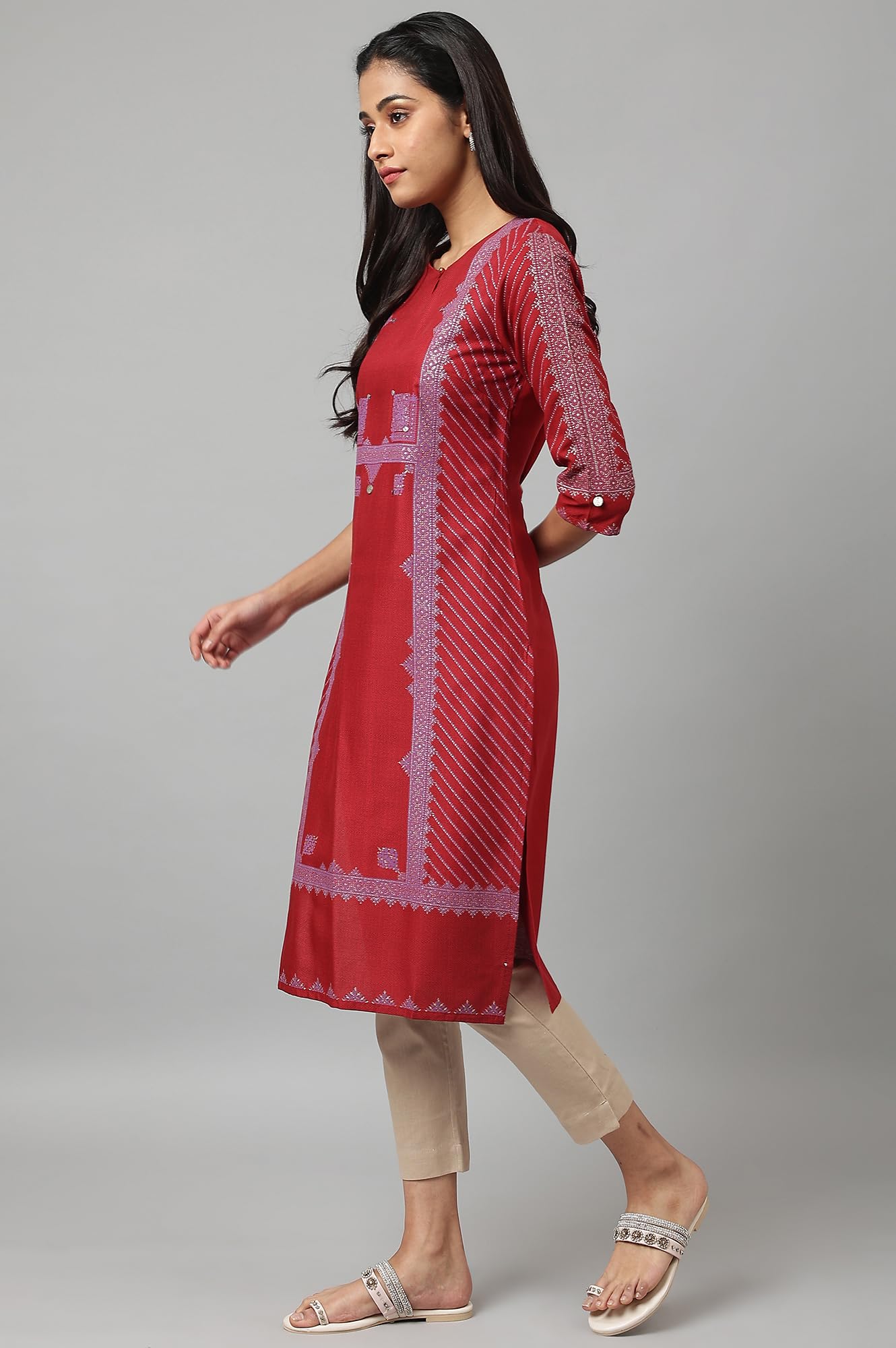 W For Woman Red Geometric Printed Regular Kurta with Gold Glitter Sequins