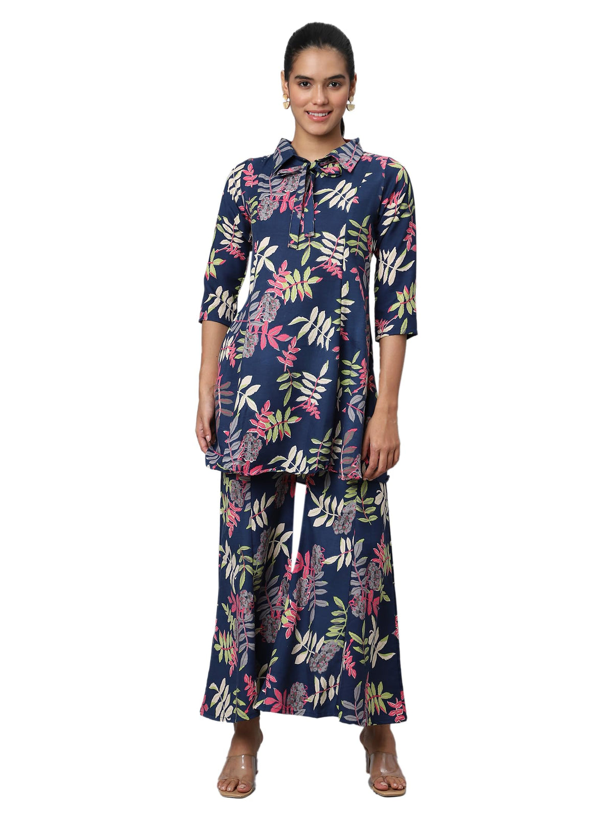Shasmi Soft Maslin Silk V Neck Co-Ords Set For WomenS | Printed Shirt & Bottom Set For Women | Suit Set | Two Piece Dress (Co-O