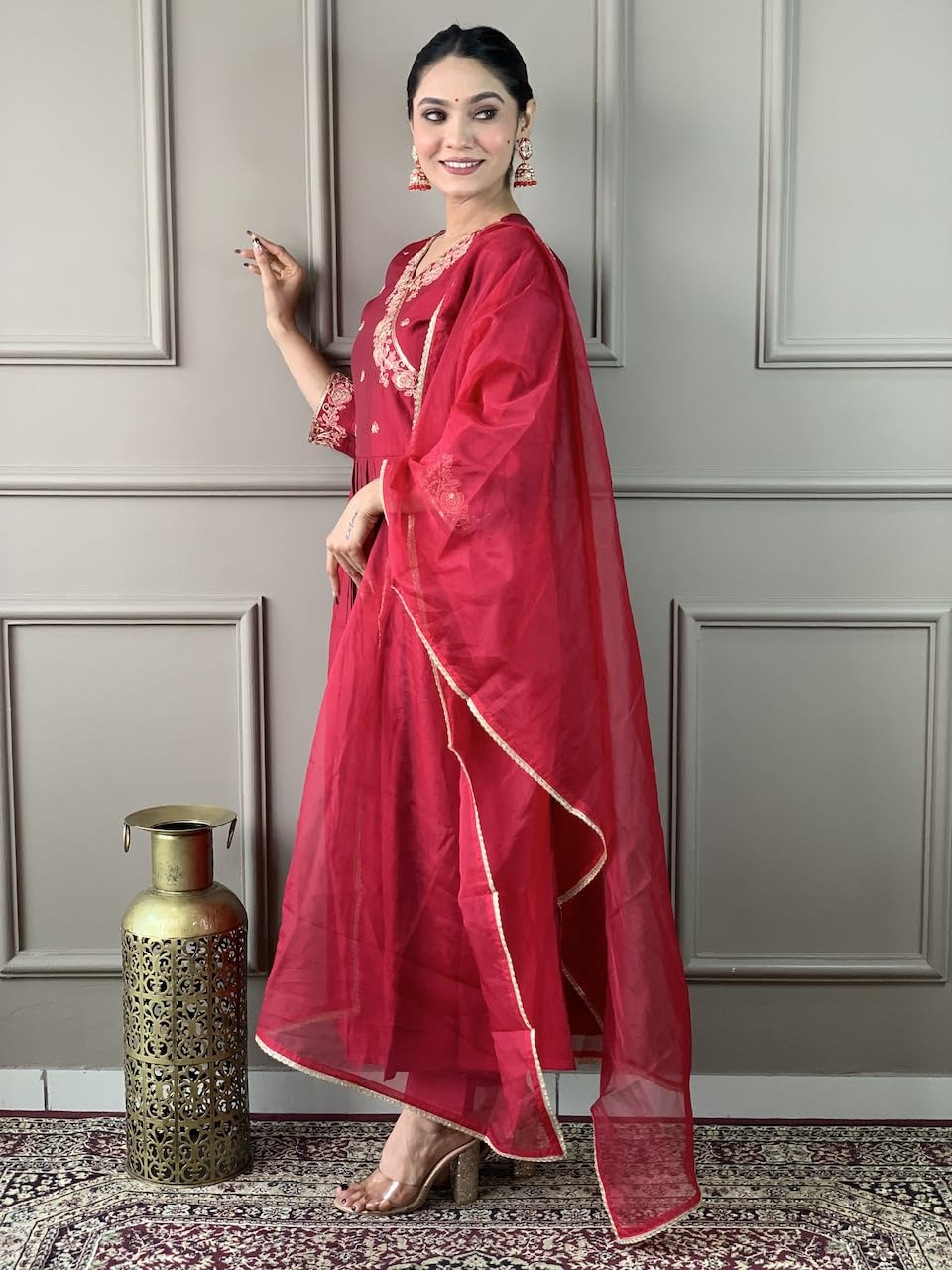 Naixa WomenS Maroon Chanderi Viscose Embroidered Flared Kurta With Chanderi Viscose Pant And Organza Laced Dupatta Sets (Nx-S-O