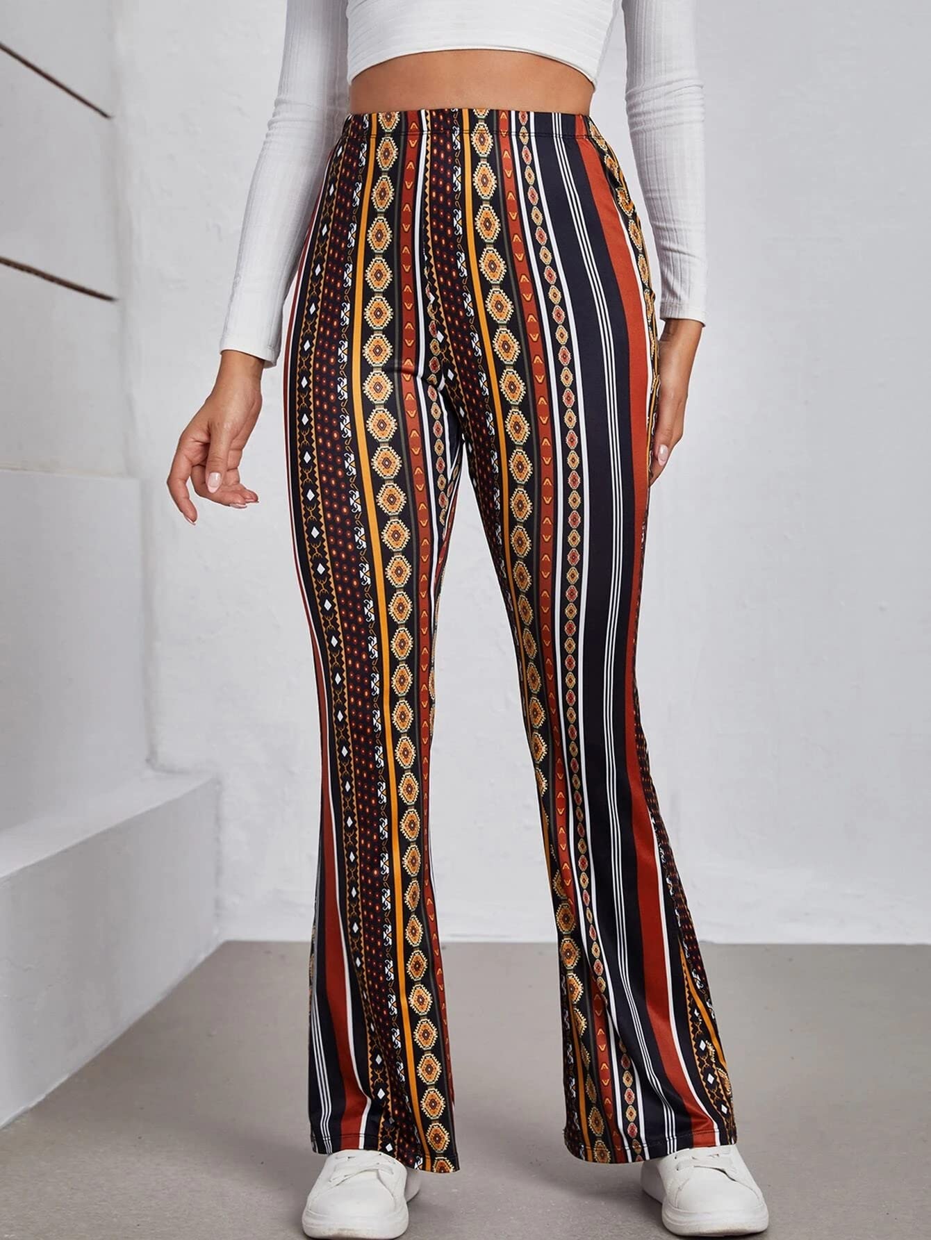 Shasmi Womens & Girls Black Geo Print Dress Pants Stretchy Work Slacks Business Casual Office Bell-Bottom/Boot-Cut Elastic Wais