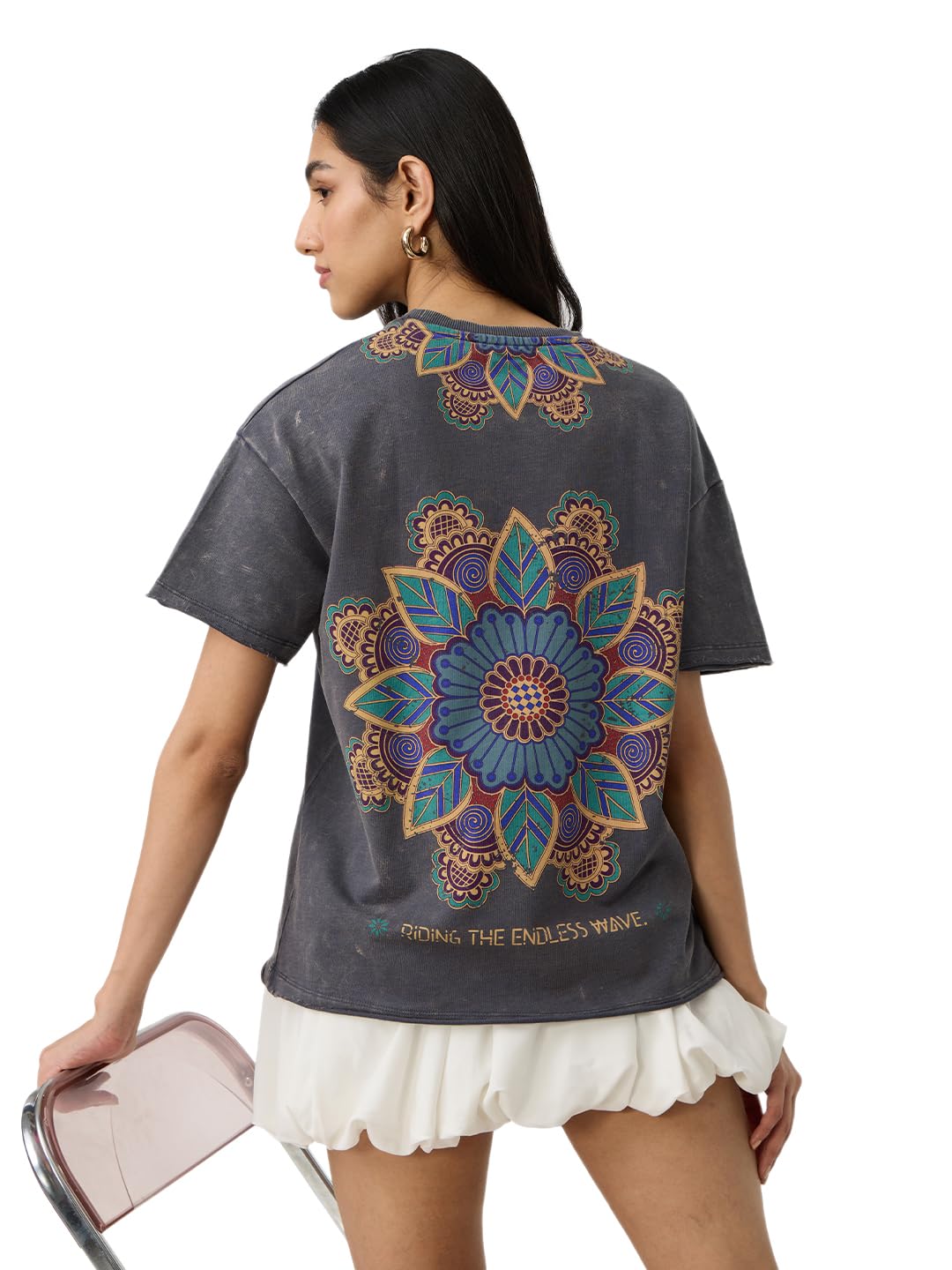 The Souled Store Samsara Women and Girls Short Sleeves Round Neck Grey Graphic Printed Cotton Oversized T-Shirts