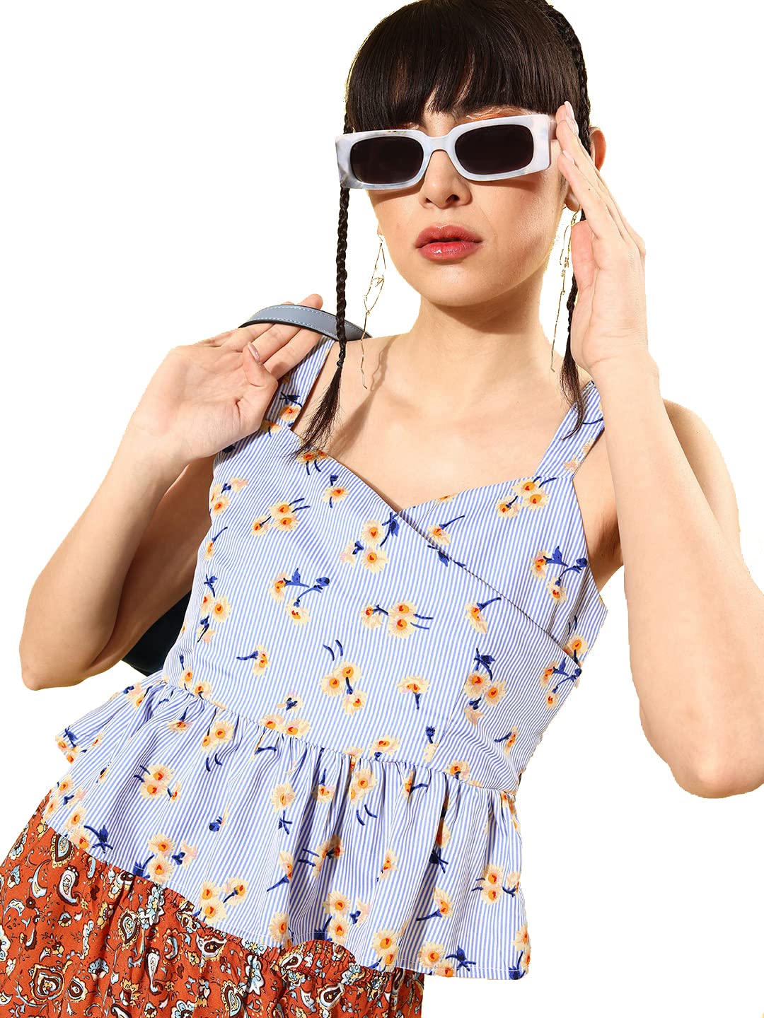 Rare Women Casual Blue Colour Sweetheart Neck Floral Peplum Top