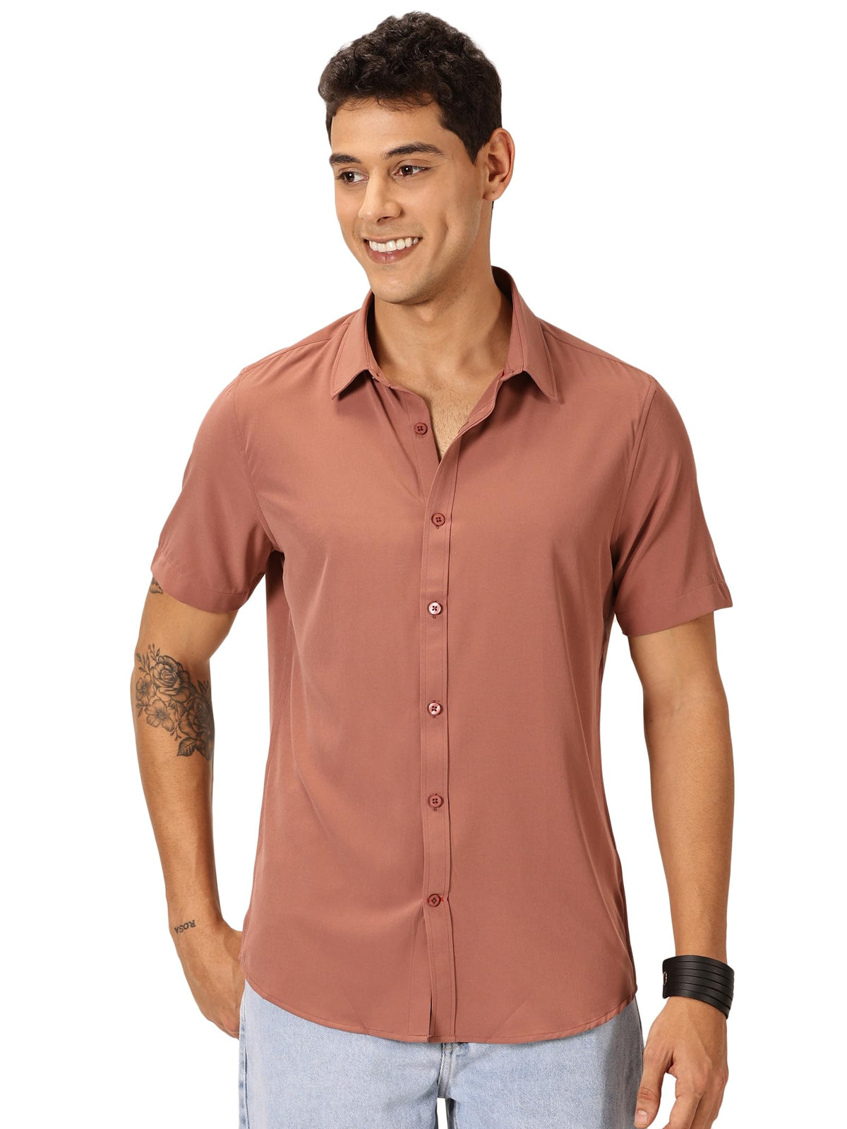 Thomas Scott Mens | Half Sleeve | Solid Plain Color | Regular Fit | Polyester Blend | Spread Collar | Casual | Shirts (Dark Peac