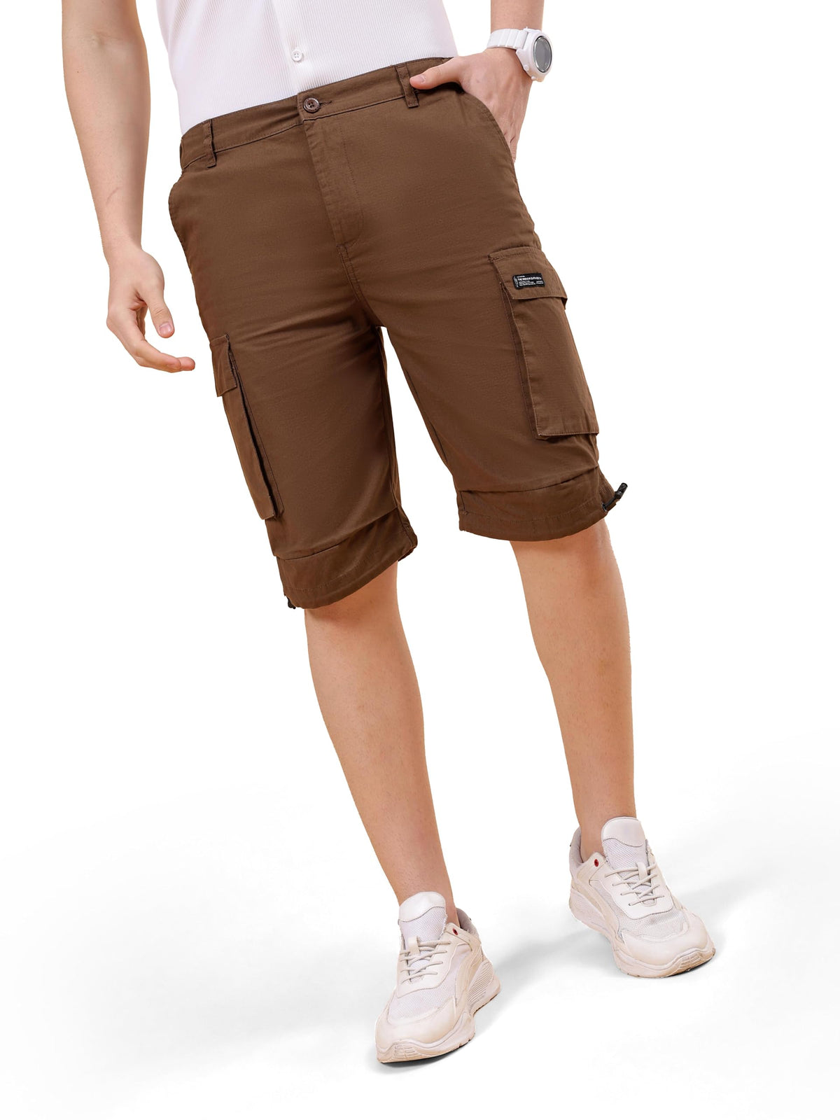 The Indian Garage Co Men Relaxed Fit Solid Mid-Rise Cargo Parachute Shorts Coffee Brown