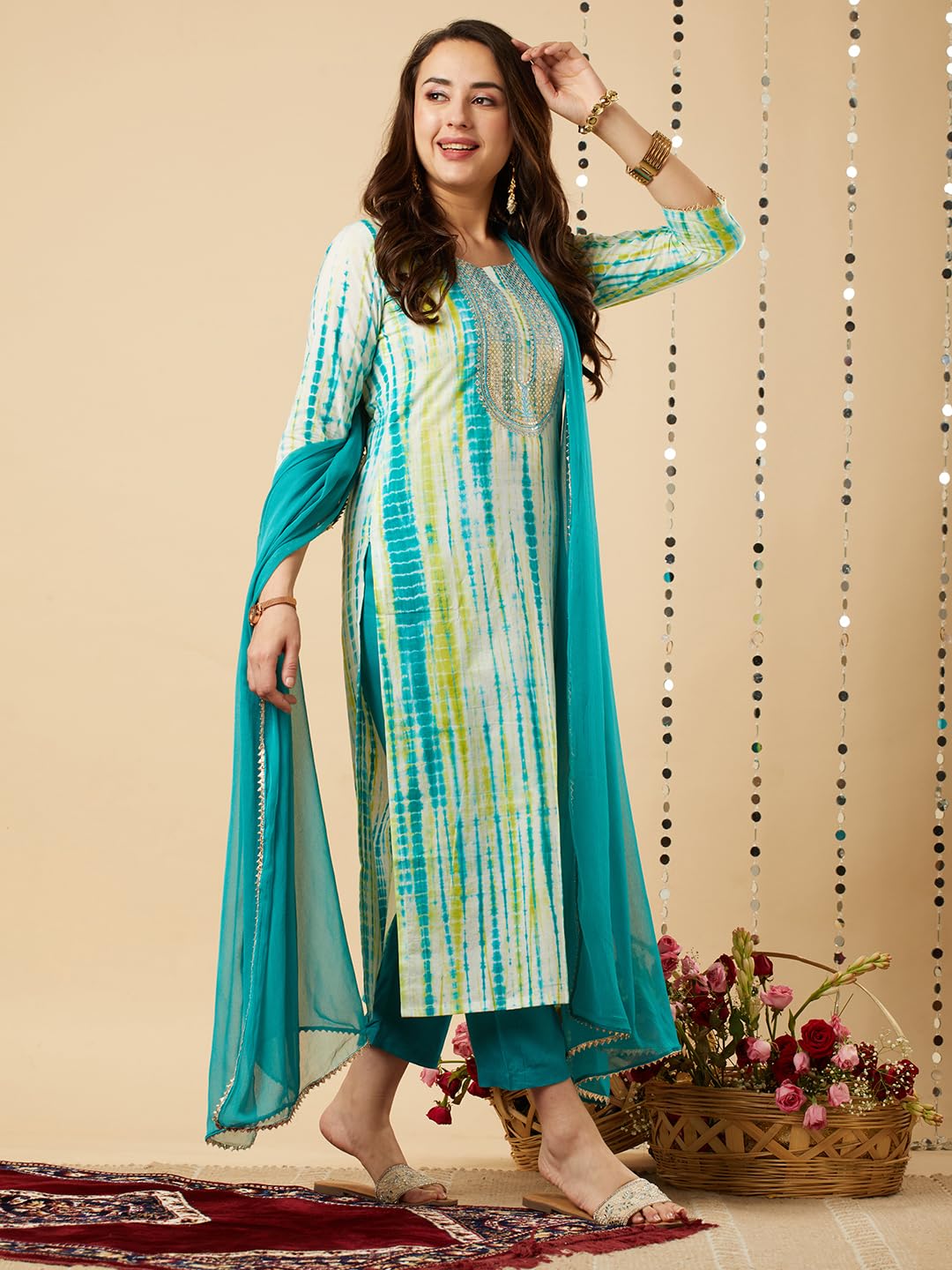 GoSriKi Women's Cotton Blend Kurti Pant Dupatta Set Combo Pack of 2