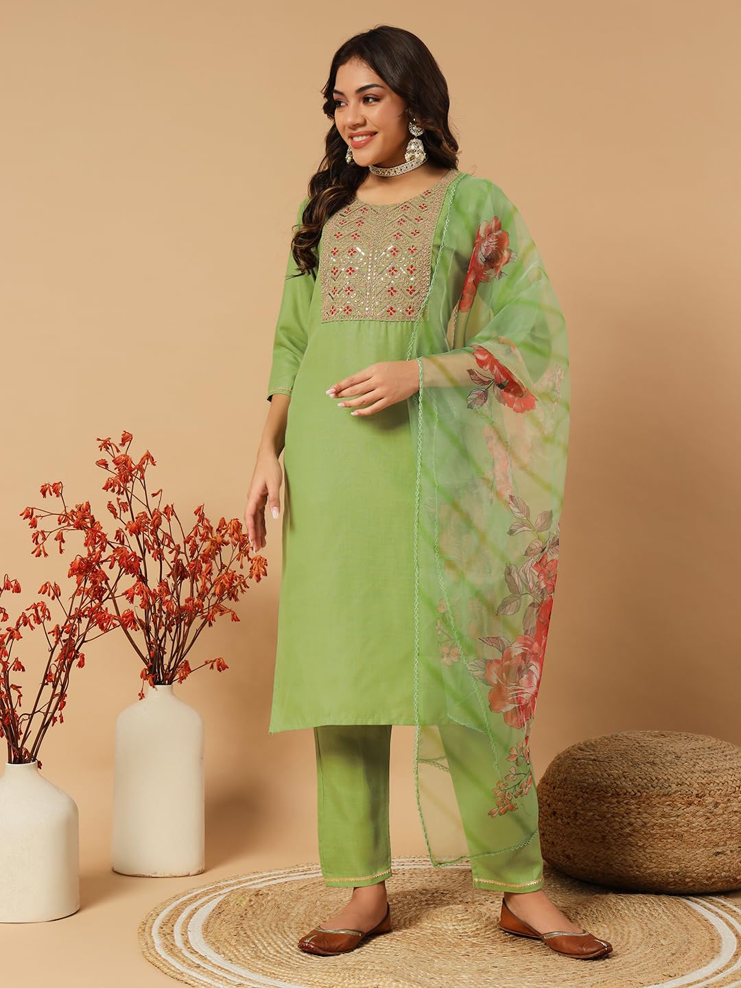 Gufrina Elegant Women's Cotton Embroidered Kurta Pant Dupatta Set | Round Neck, 3/4 Sleeve Ethnic Wear