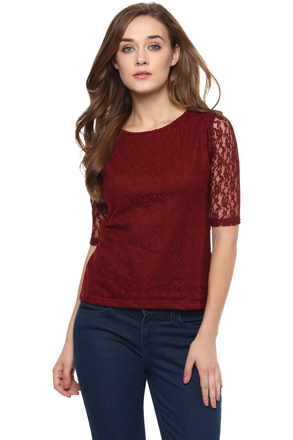 Miss Chase WomenS Maroon Round Neck Half Sleeves Basic Lace Crop Top(Mcaw14Tp01-54-143-04,Maroon,Medium)