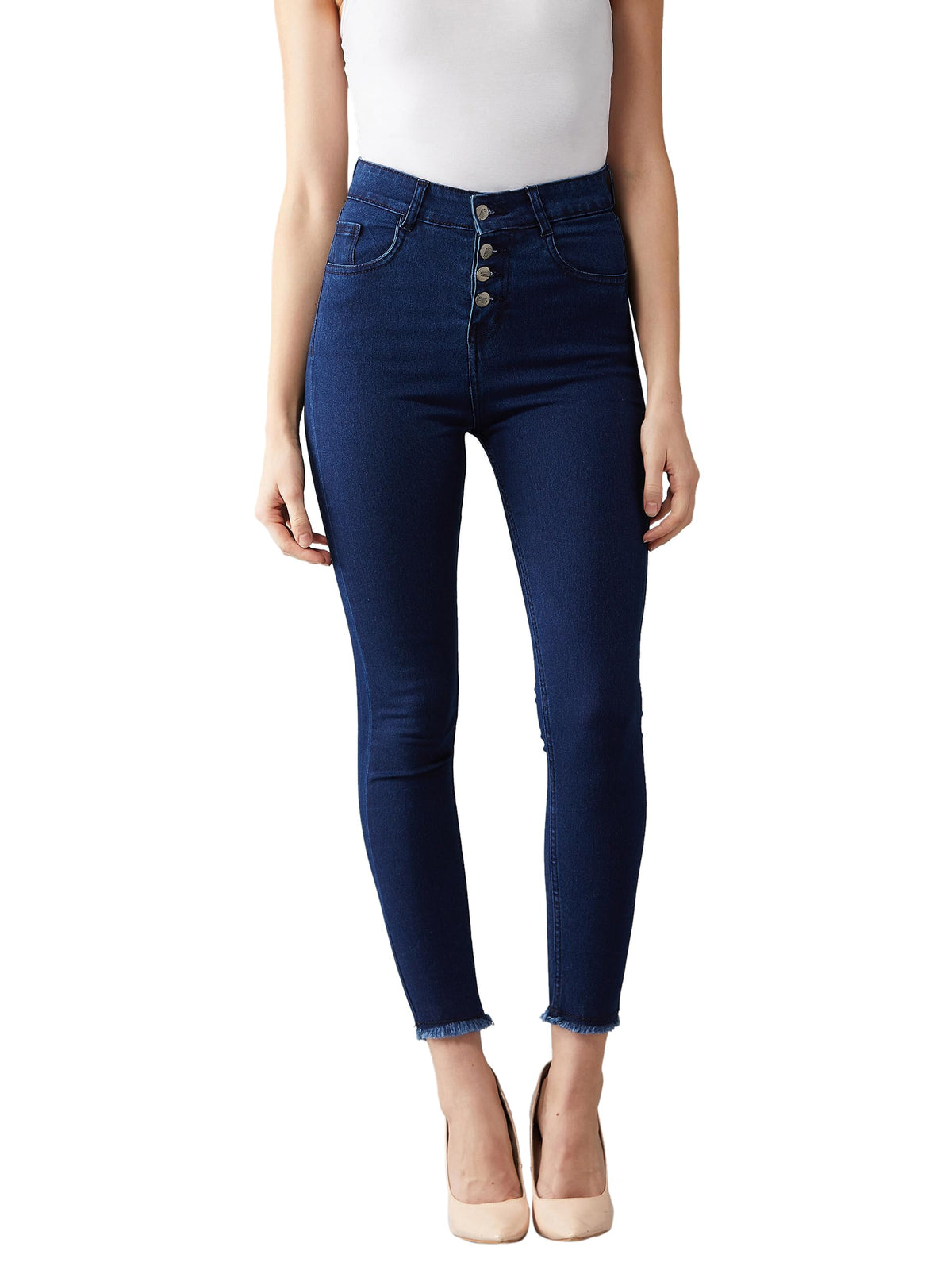 Dolce Crudo Womens Navy Blue Skinny High Rise Clean Look Solid Fringed Hemline Cropped Stretchable Denim Jeans(DOSS19DEN08-22-7