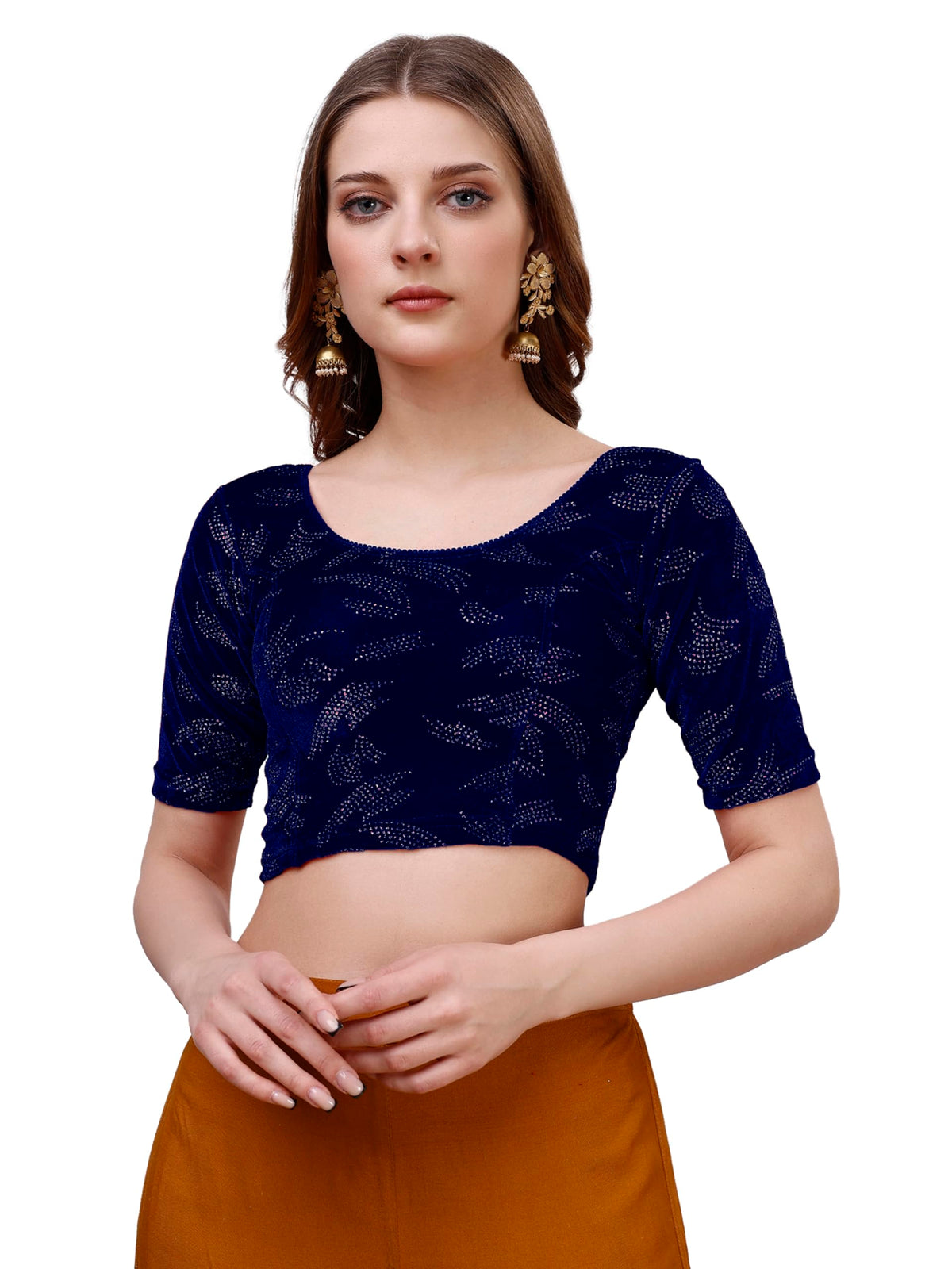 Pujia Mills Womens Readymade Hosiery Velvet Lycra Stretchable Round Neck Half Sleeve Blouse Fancy Navy Blue Color Lycra Stretch