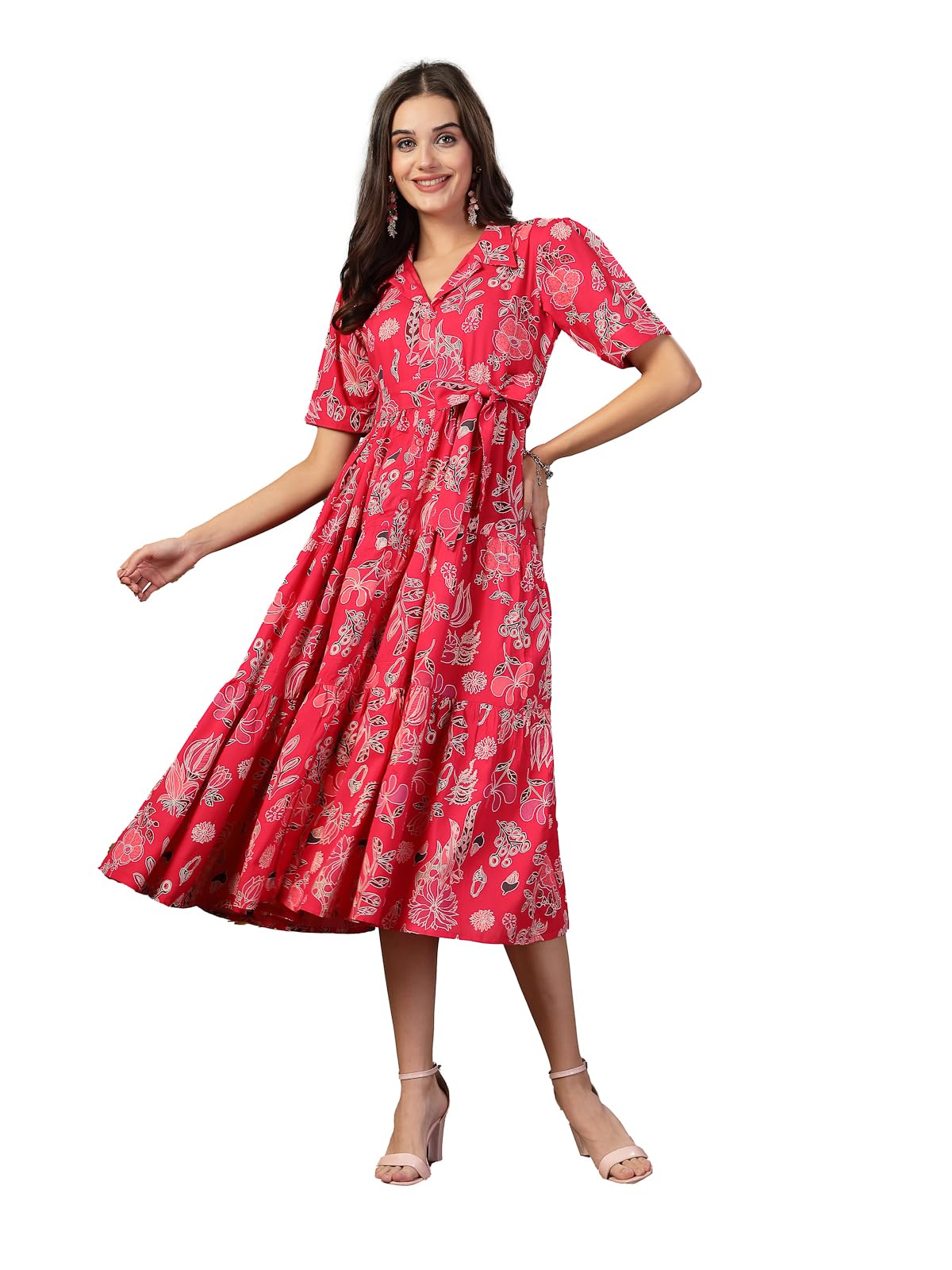 Stylum Womens Pink Tropical Printed Rayon Tiered Dress