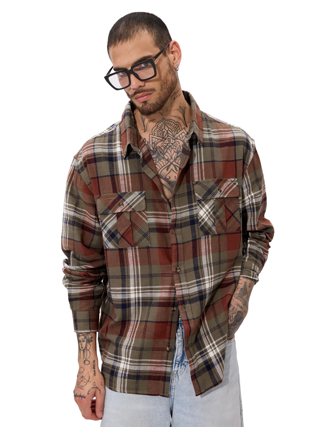 The Souled Store Plaid Originals: Brown, Rust, Black Men and Boys Long Sleeve Collared Neck Regular Fit Cotton Button Down Utili