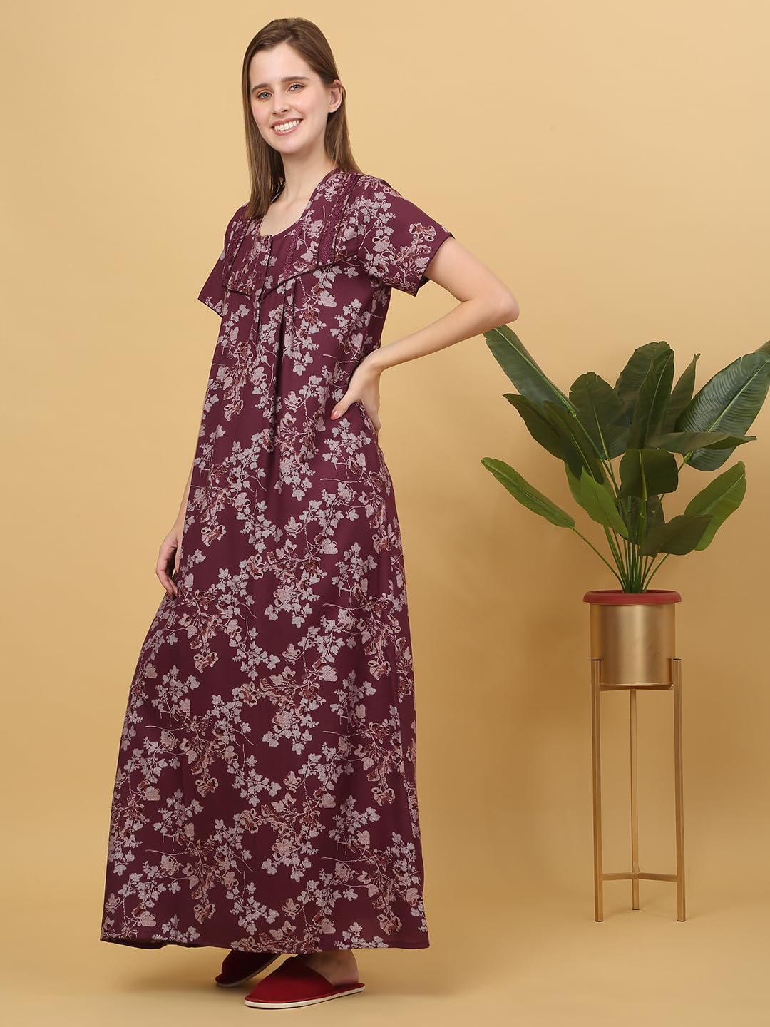 Sweet Dreams Women Printed Full Length Night Dress Rose